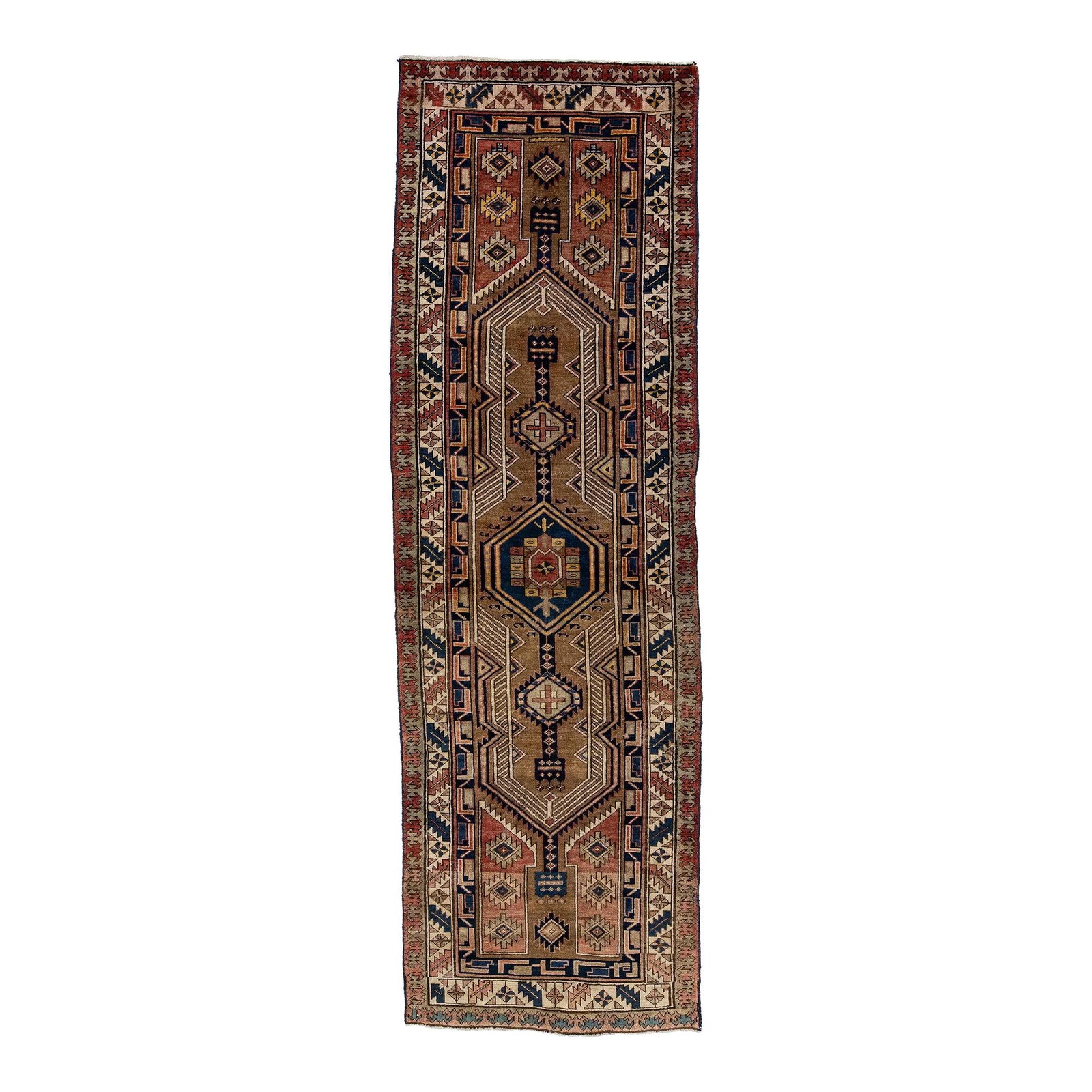 1960s Vintage Heriz Persian Wool Rug Geometric Design 3'4 x 10'7: 1960s Vintage Heriz Persian Wool Rug Geometric Design 3'4 x 10'7 This exquisite vintage Persian Heriz rug showcases a rich brown field adorned with a striking geometric design framed by vibrant multic