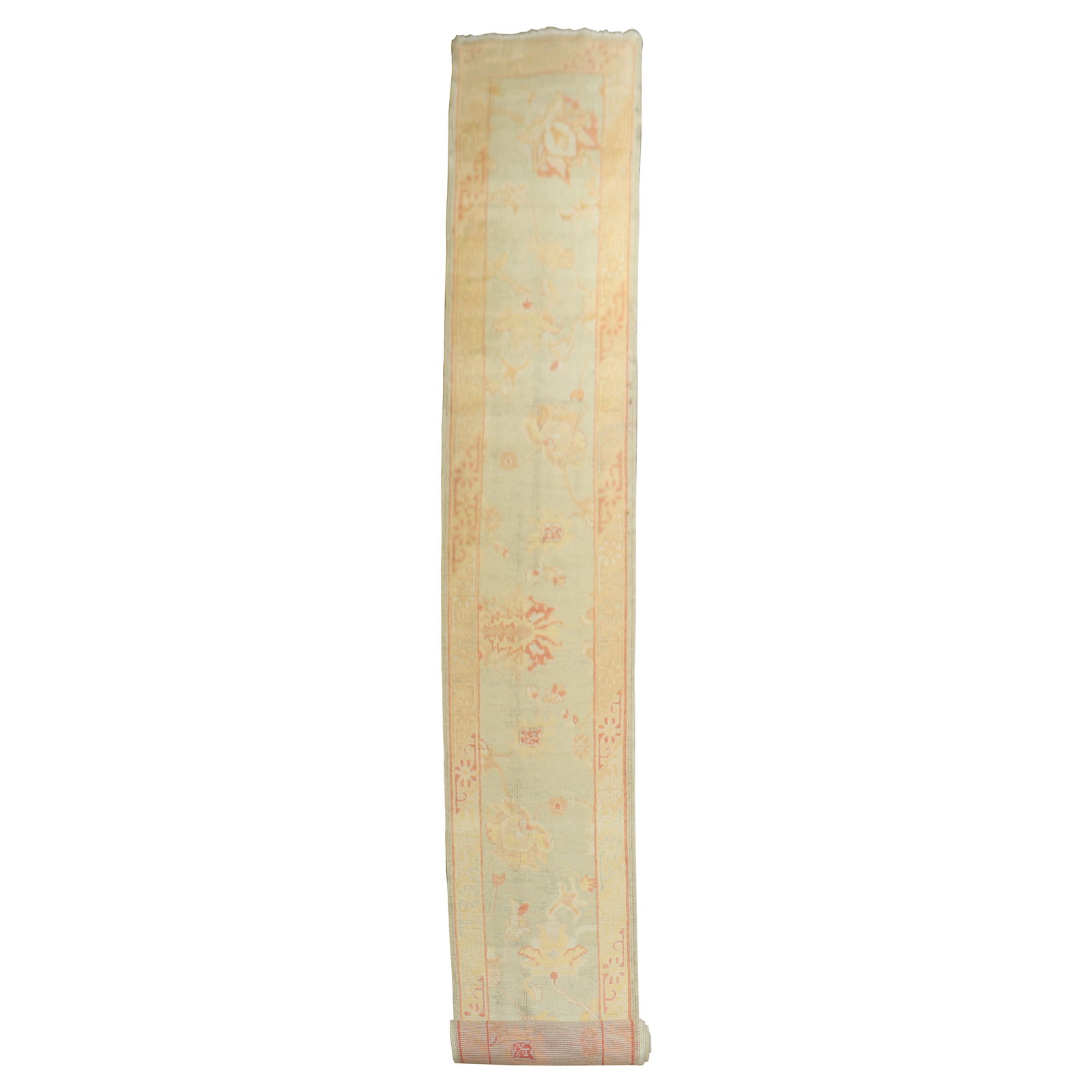 Hand-Knotted Turkish Oushak Runner 30x252 Wool circa 2000: Hand-Knotted Turkish Oushak Runner 30x252 Wool circa 2000 This exquisite Turkish Oushak runner features a long and narrow design, making it perfect for hallways or entryways. Hand-knotted from 100% ve