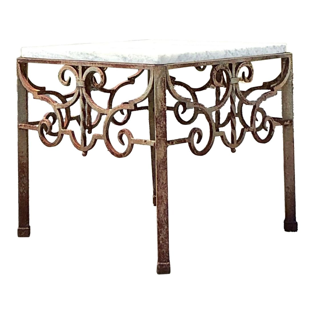 Vintage Wrought Iron Scroll Side Table with Marble Top: Vintage Wrought Iron Scroll Side Table with Marble Top This vintage side table seamlessly combines rustic elegance with a timeless design. Its hand-wrought iron base showcases intricate scrollwork and