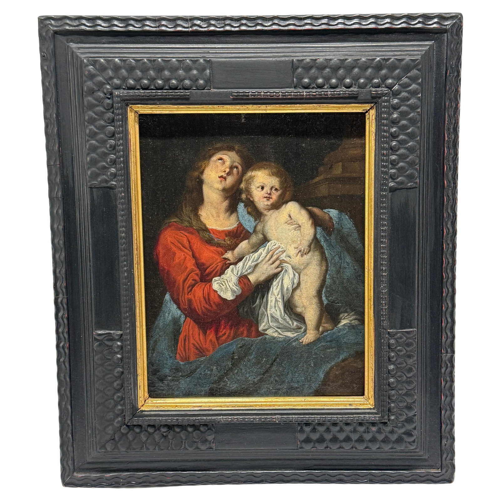18th Century Oil Painting Madonna and Child Attr. to Anthony van Dyck Baroque Style: 18th Century Oil Painting Madonna and Child Attr. to Anthony van Dyck Baroque Style This exquisite oil painting, attributed to the School of Anthony van Dyck, features the Madonna and Child in a capti