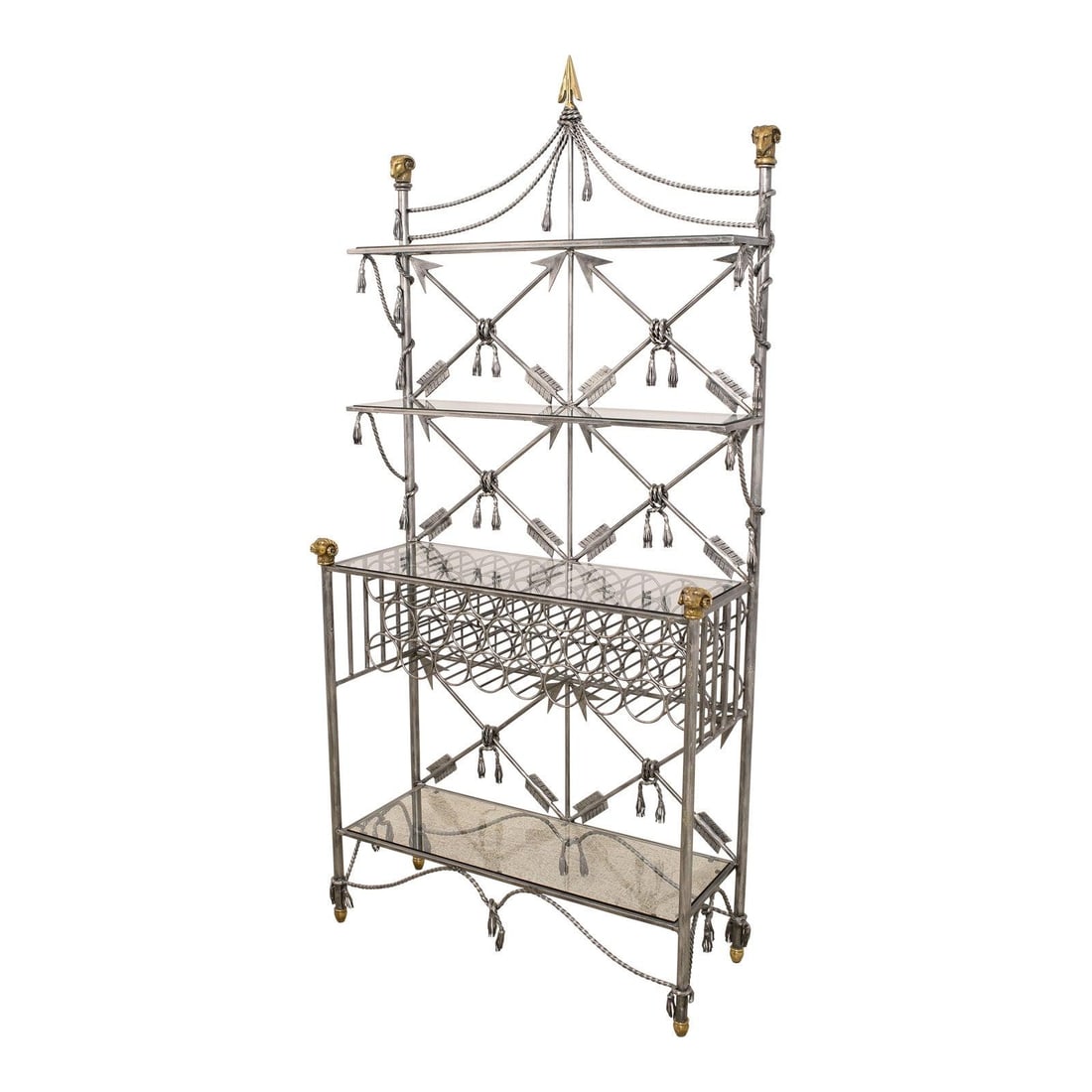 Neoclassical Wrought Iron Brass Glass Wine Rack 30 Years Old: Neoclassical Wrought Iron Brass Glass Wine Rack 30 Years Old This Neoclassical Style Wine Rack is a stunning piece that combines functionality with elegant design. Crafted from heavy wrought iron with