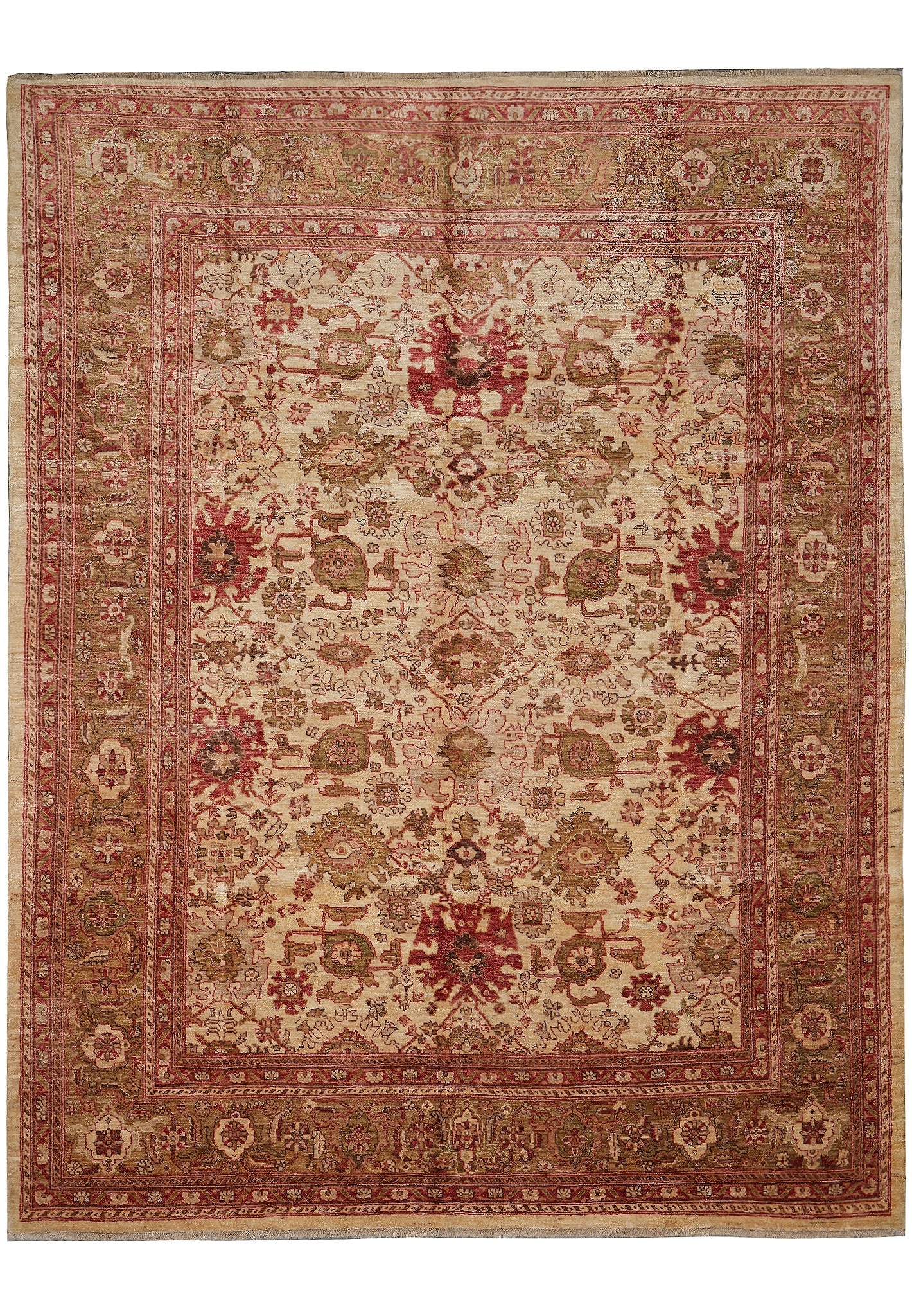 Hand Knotted 7.9 x 9.9 Beige Green Chobi Peshawar Wool Rug: Hand Knotted 7.9 x 9.9 Beige Green Chobi Peshawar Wool Rug Free continental US Shipping This 7.9 x 9.9 Chobi Peshawar rug features a hand-knotted construction using 100% natural wool, offering a soft 