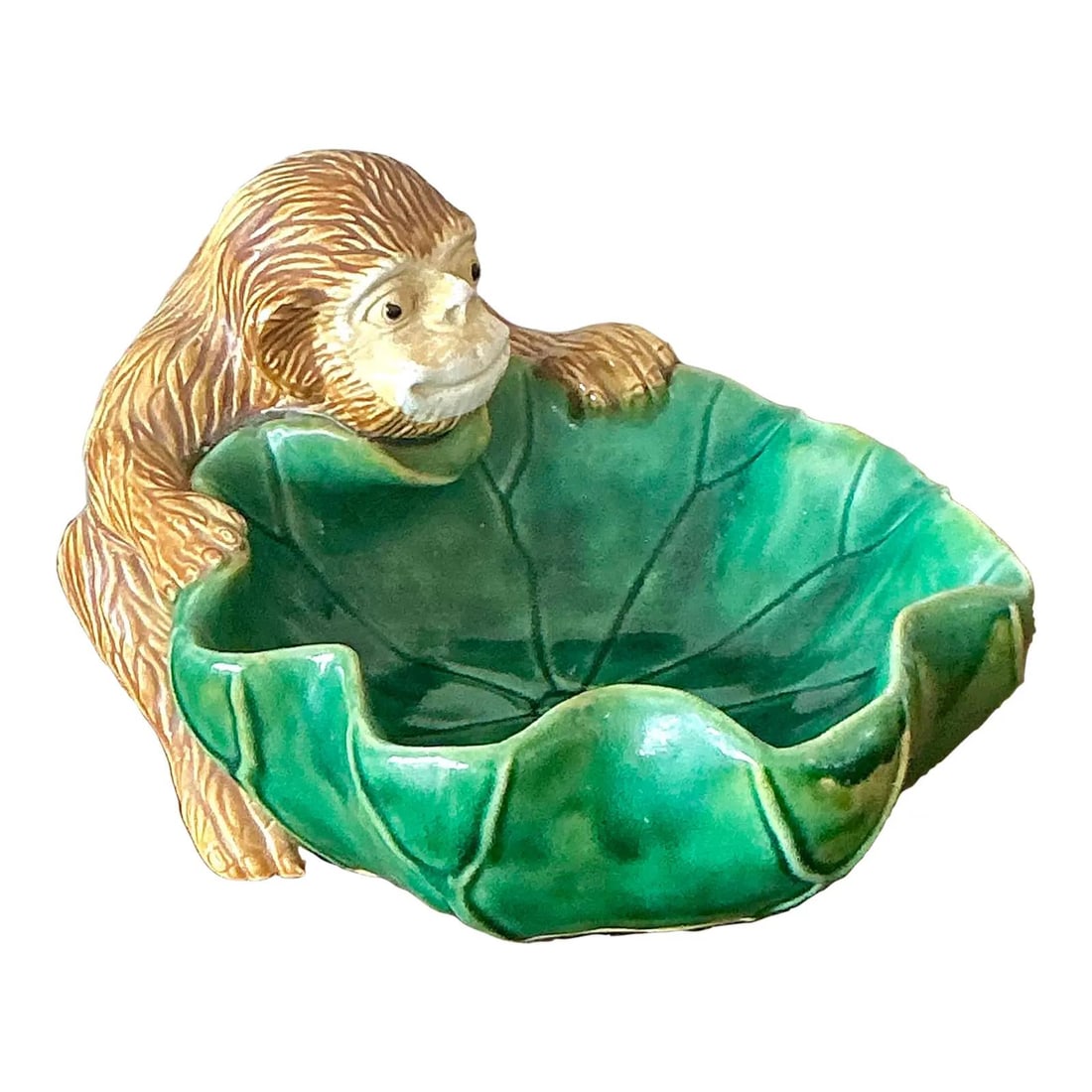 Vintage Majolica Ceramic Monkey Bowl Centerpiece Green Leaf Design: Vintage Majolica Ceramic Monkey Bowl Centerpiece Green Leaf Design Elevate your home decor with this charming vintage Boho glazed ceramic monkey centerpiece bowl. Skillfully crafted in a classic Majol