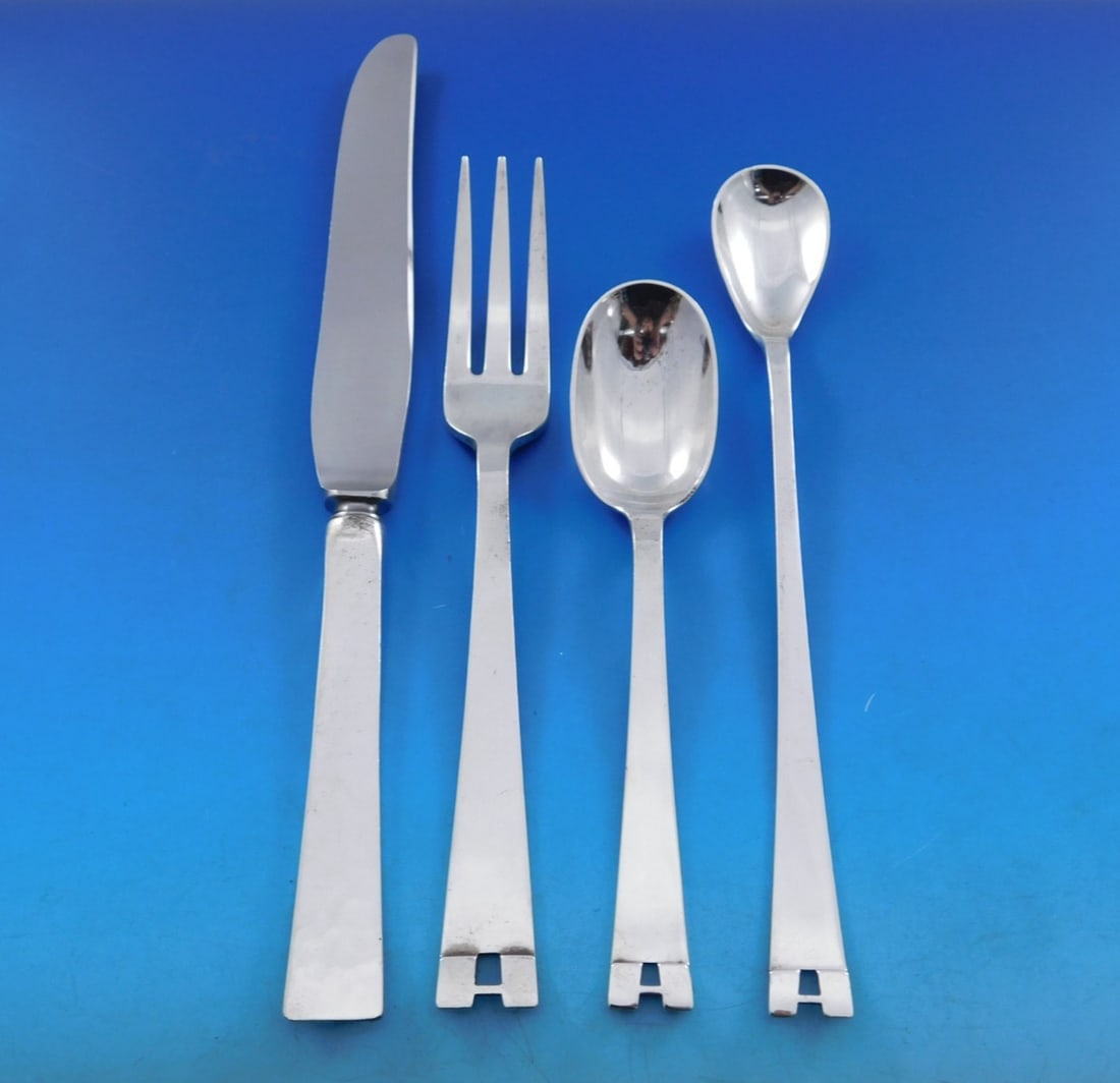 16pc Sterling Flatware Service for 4 Allan Adler Arts and Crafts: 16pc Sterling Flatware Service for 4 Allan Adler Arts and Crafts Allan Adler sterling silver flatware set for 4 in Arts & Crafts/Mission style, post-1940, made in the United States. This 16-piece hand