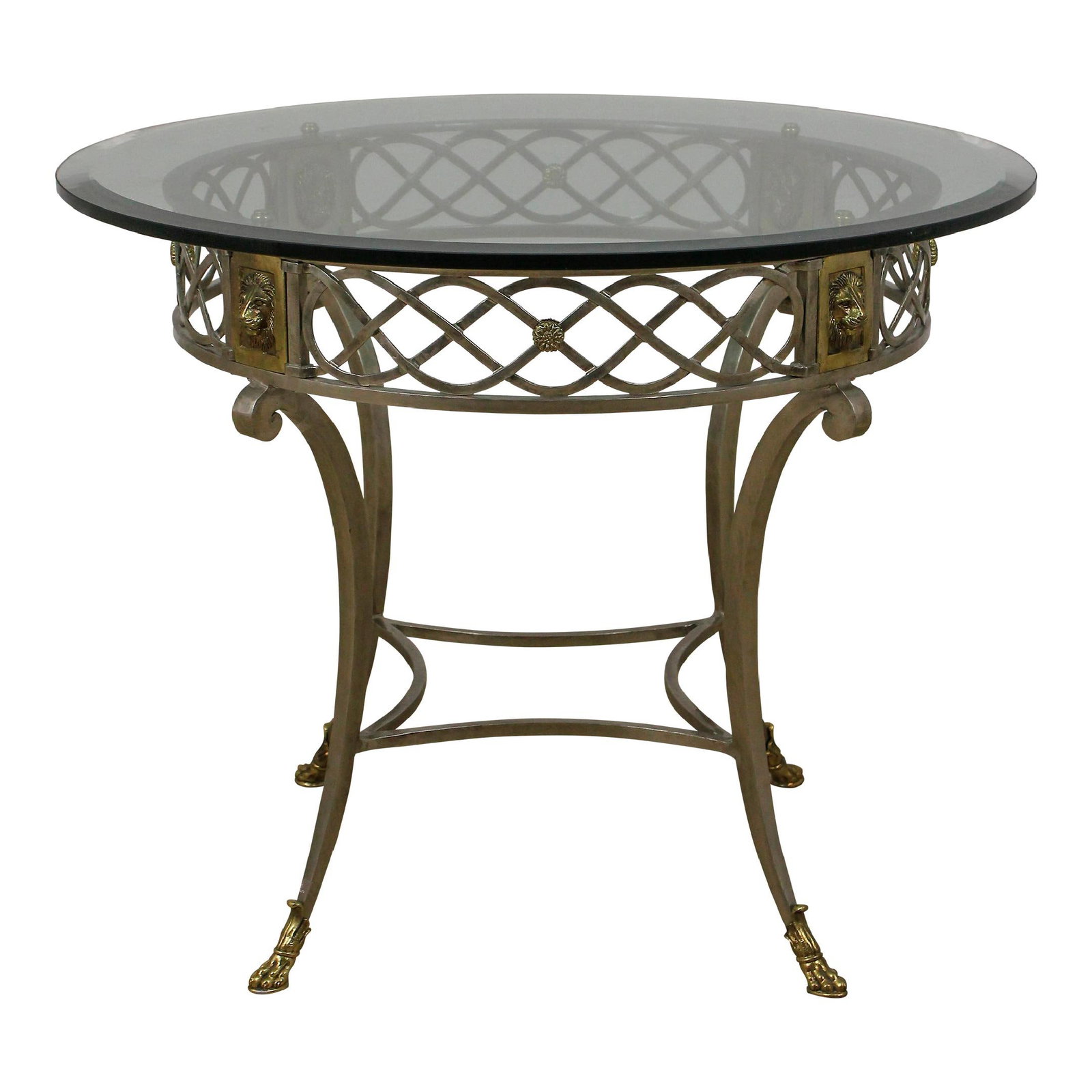 Marge Carson Regency Glass Top Center Table with Brass Lion Mounts: Marge Carson Regency Glass Top Center Table with Brass Lion Mounts This exquisite Marge Carson center table features a beautifully beveled glass top supported by a heavy solid steel base adorned with 