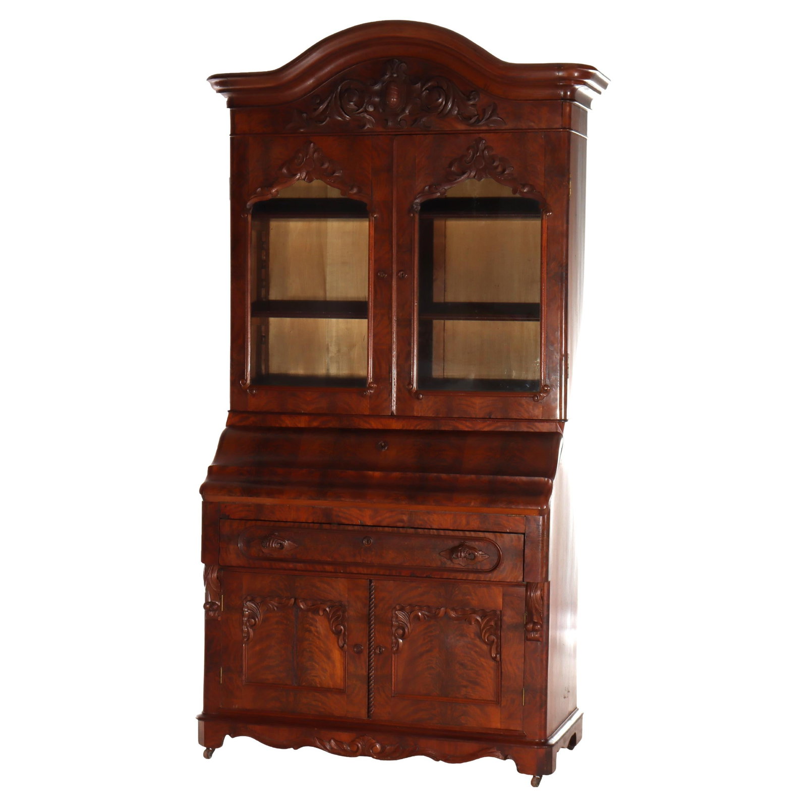 Mid 19th Century Flame Mahogany Secretary Desk Neoclassical Renaissance Revival: Mid 19th Century Flame Mahogany Secretary Desk Neoclassical Renaissance Revival This antique Neoclassical Renaissance Revival secretary desk dates to circa 1850 and is crafted from flame mahogany. It 