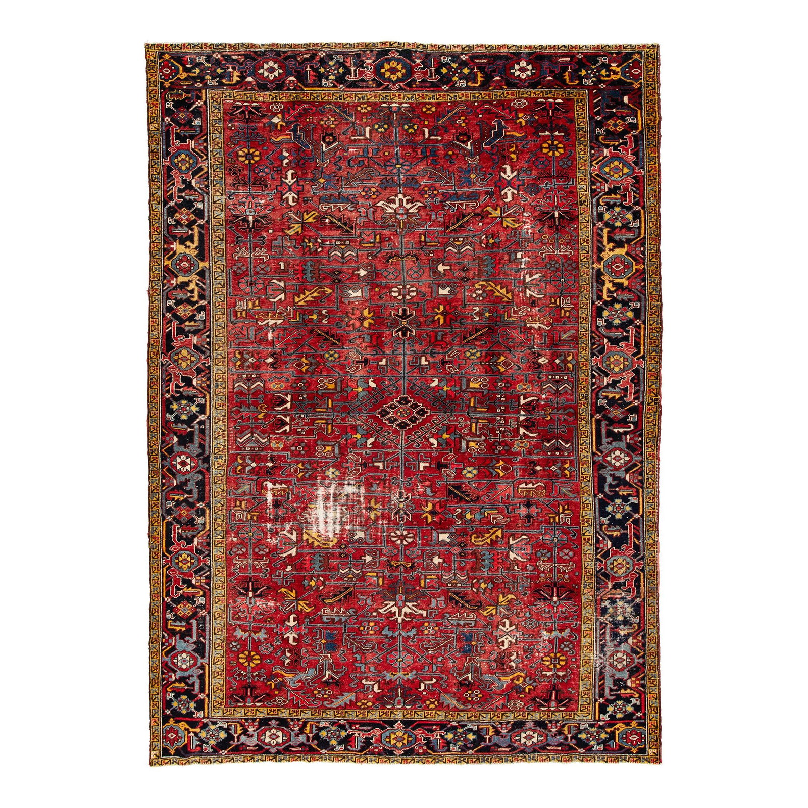 1960s Handmade Heriz Wool Rug Red All-Over Design 7'9 x 10'10: 1960s Handmade Heriz Wool Rug Red All-Over Design 7'9 x 10'10 Enhance your space with this exquisite 1960s Vintage Heriz hand-knotted wool rug, featuring a vibrant red field adorned with multicolor ac