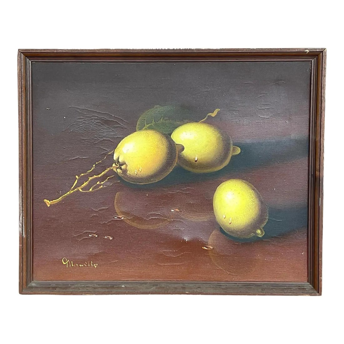 Signed Vintage Oil Painting of Lemons on Branch: Signed Vintage Oil Painting of Lemons on Branch This stunning vintage original oil painting features a beautiful composition of lemons on a branch, showcasing the artist's skill. The artwork displays 