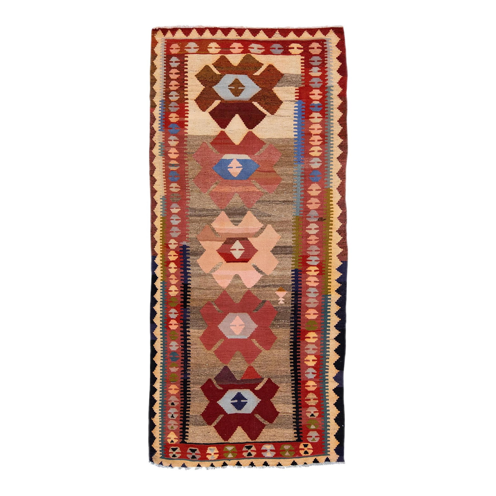 Vintage Turkish Kilim Wool Rug Multicolor Tribal Design 3'6 x 8'3: Vintage Turkish Kilim Wool Rug Multicolor Tribal Design 3'6 x 8'3 This stunning vintage Turkish Kilim rug showcases exquisite craftsmanship with its hand-knotted wool construction. Featuring a captiva