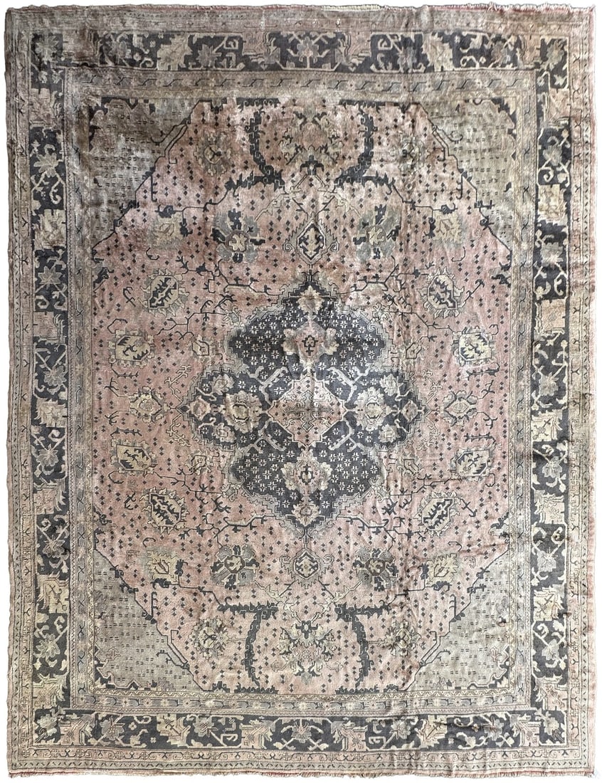 Antique Turkish Oushak Wool Area Rug 13x16 Gray Floral Medallion: Antique Turkish Oushak Wool Area Rug 13x16 Gray Floral Medallion Authentic antique Turkish Oushak area rug in gray and blush pink, featuring a floral medallion pattern and traditional style. It is han