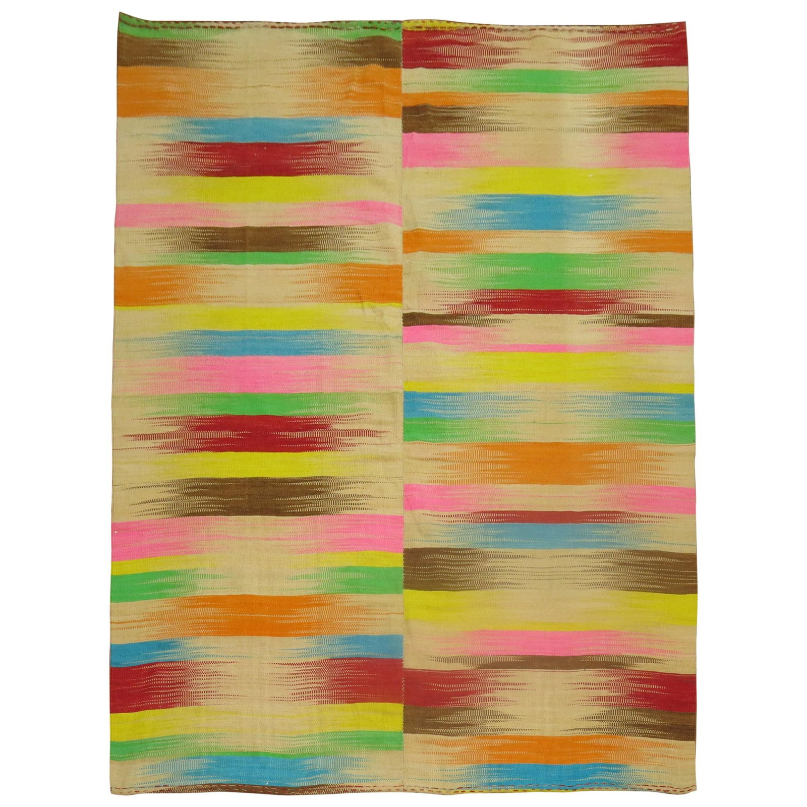 Unique Retro Turkish Deco Kilim Rainbow Hand-Knotted Wool Linen 81x105: Unique Retro Turkish Deco Kilim Rainbow Hand-Knotted Wool Linen 81x105 This stunning Retro Turkish Deco Kilim showcases a vibrant rainbow color palette, making it a unique statement piece for any inte