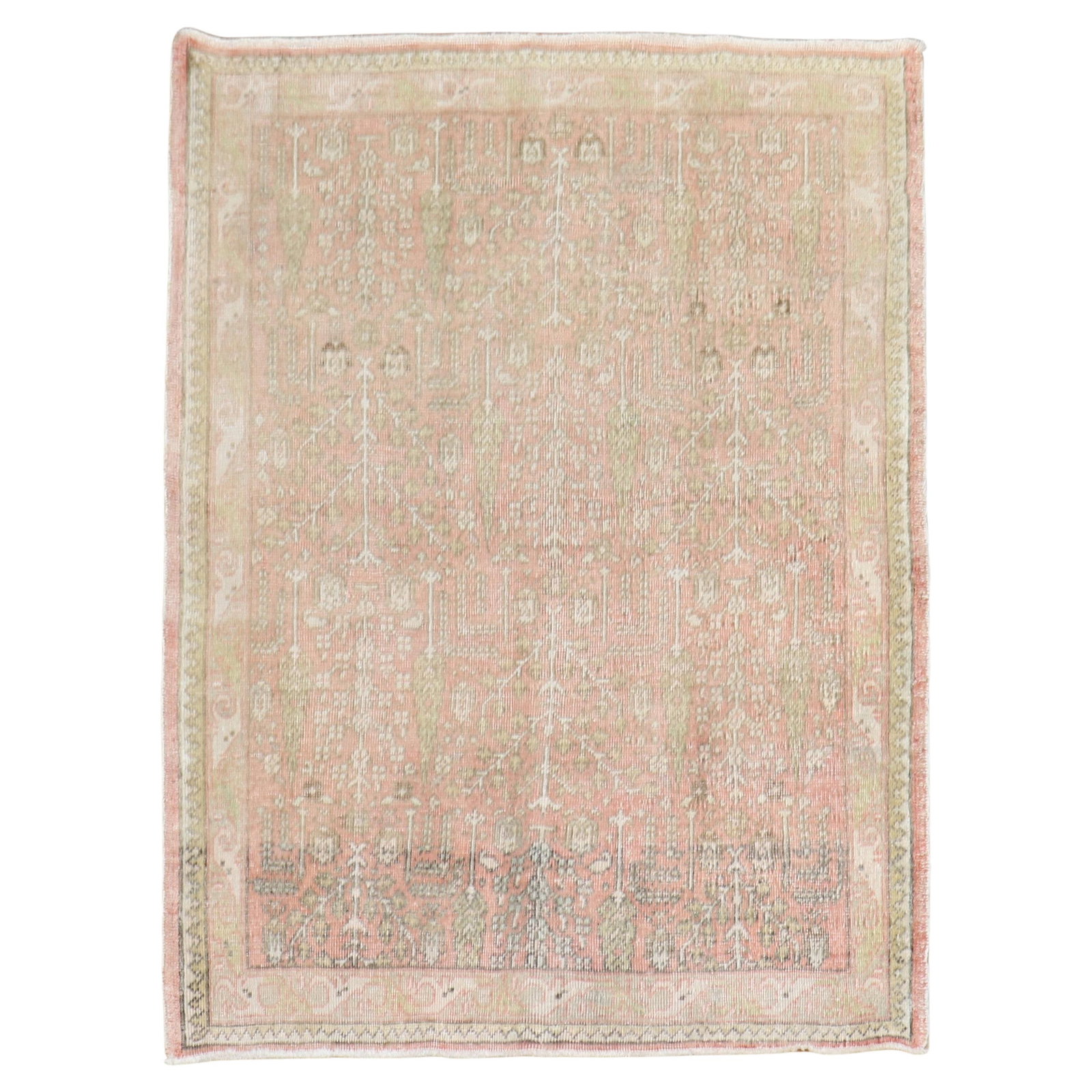Vintage 1930s Turkish Oushak Rug Angora Wool Hollywood Regency Design: Vintage 1930s Turkish Oushak Rug Angora Wool Hollywood Regency Design This beautiful vintage Turkish Oushak rug is a stunning addition to any home. Measuring 44 in (111.76 cm) in width and 55 in (139.