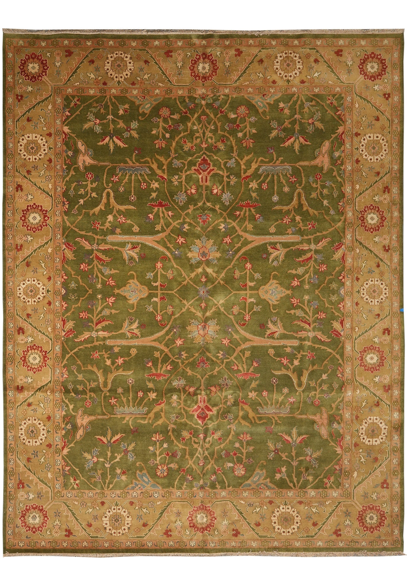 12 x 15 Handmade Wool Kerman Rug Open Red Field Persian Design: 12 x 15 Handmade Wool Kerman Rug Open Red Field Persian Design Free continental US Shipping This 12 x 15 green handmade wool rug is a semi-antique piece crafted in Iran, exemplifying classic Kerman we