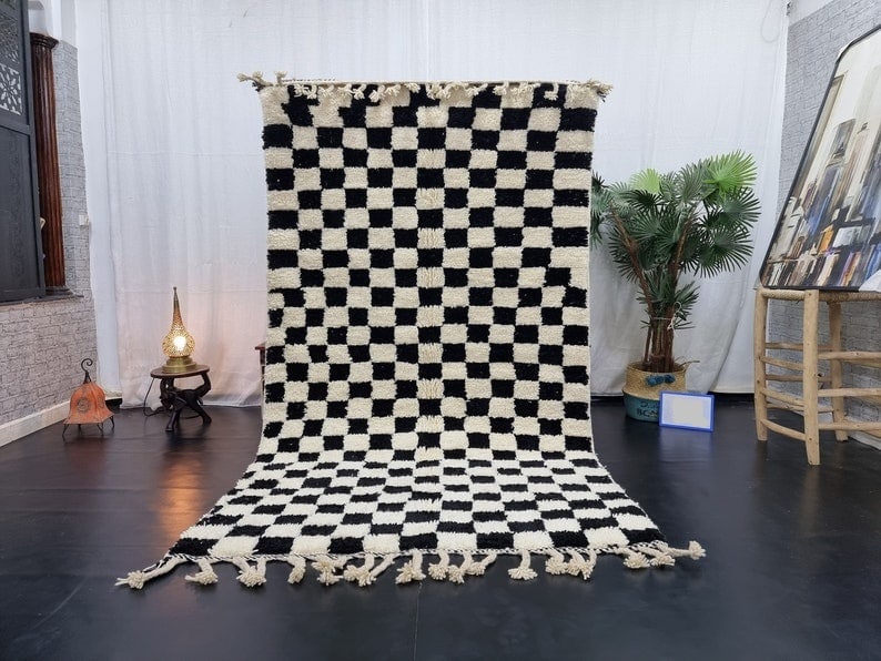 Authentic Handmade Moroccan Berber Chess Wool Rug 6.56 x 3.28 Feet: Authentic Handmade Moroccan Berber Chess Wool Rug 6.56 x 3.28 Feet Discover the exquisite craftsmanship of this Authentic Handmade Moroccan Berber Chess Wool Rug. Skillfully handwoven by local Berber 