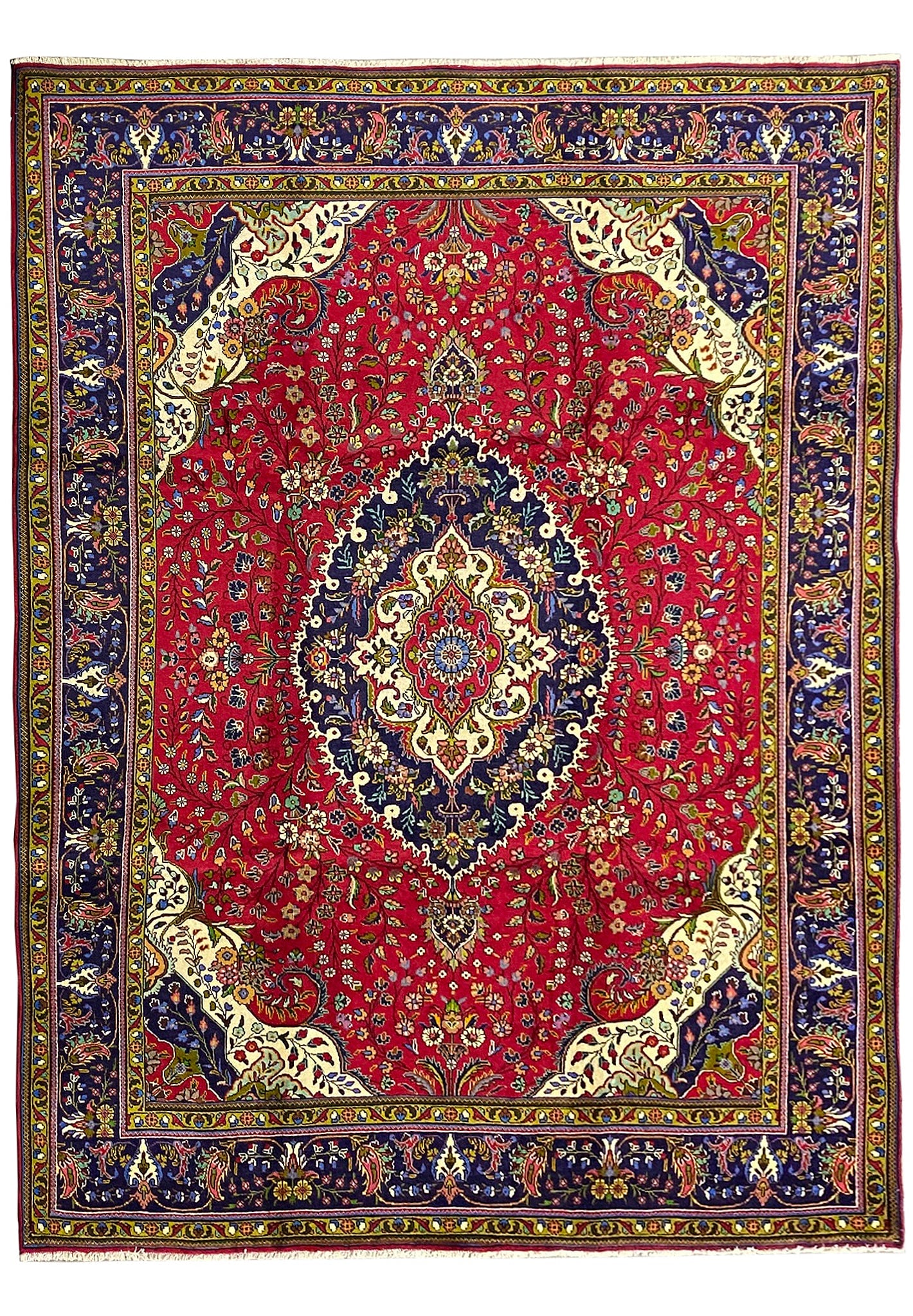 9.9 x 13 Persian Tabriz Hand Knotted Wool Rug: 9.9 x 13 Persian Tabriz Hand Knotted Wool Rug Free continental US Shipping This pre-owned Persian Tabriz rug measures 9.9 x 13 and features traditional hand-knotted craftsmanship. Made from wool, it s