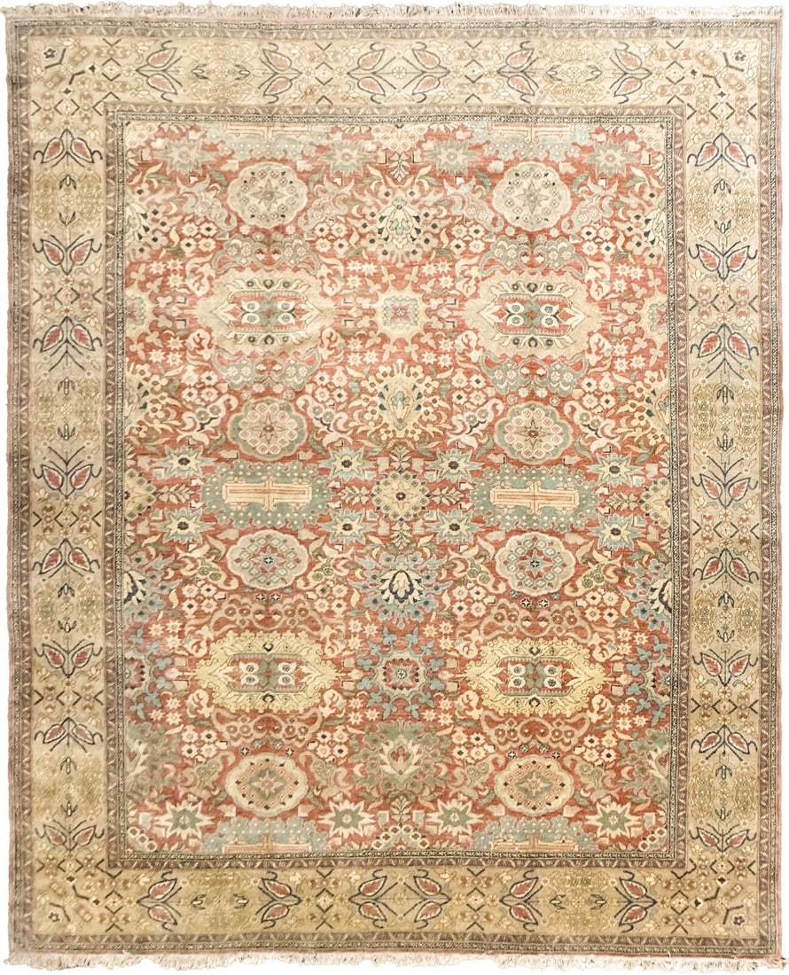 13'3" x 15'3" Handmade Wool Oushak Rug Geometric Beige Turkish: 13'3" x 15'3" Handmade Wool Oushak Rug Geometric Beige Turkish This vintage handmade Mahal Sultanabad area rug features a bold geometric design in a large rectangular format. Hand-knotted from wool wi