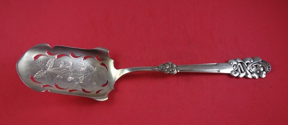Danish Sterling Silver Pierced Strawberry Serving Spoon A. Halberstadt 11 1/4: Danish Sterling Silver Pierced Strawberry Serving Spoon A. Halberstadt 11 1/4 An A. Halberstadt Danish sterling silver strawberry spoon in a pierced design with bright-cut strawberries. This serving s
