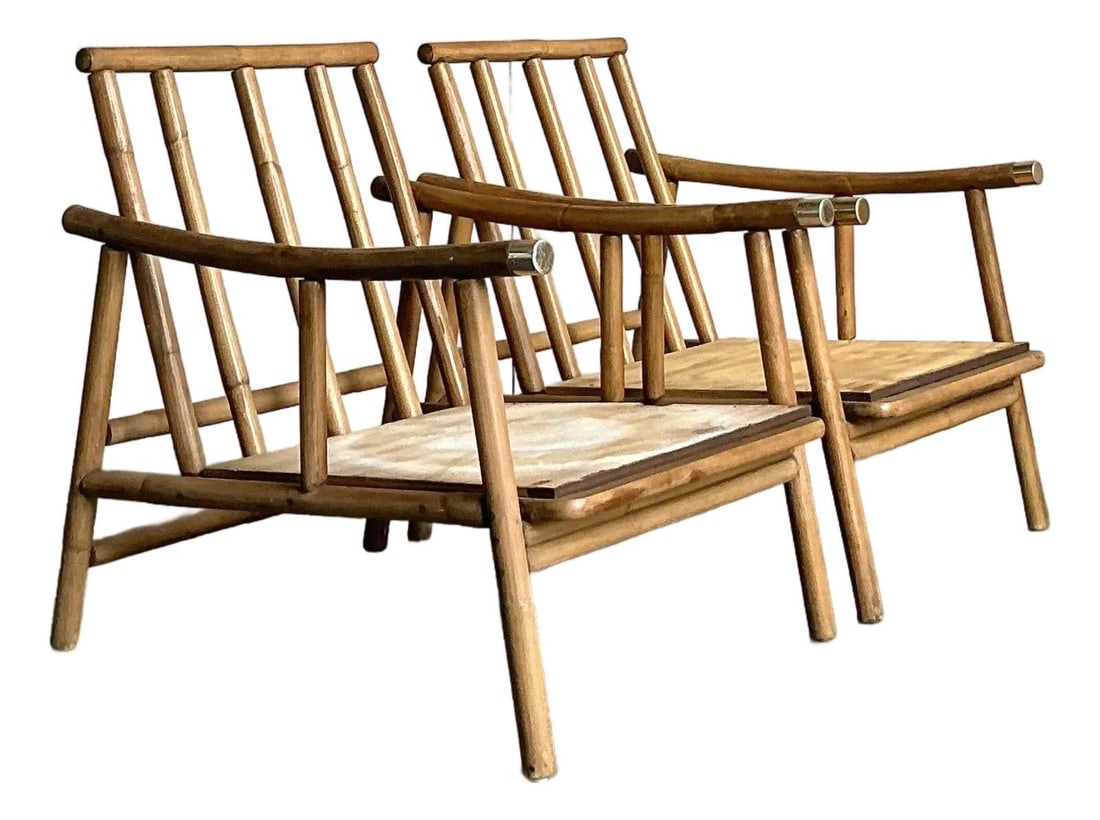 Pair of Bamboo Lounge Armchairs by John Wisner for Ficks Reed Coastal Style: Pair of Bamboo Lounge Armchairs by John Wisner for Ficks Reed Coastal Style This pair of vintage lounge chairs by John Wisner for Ficks Reed features a relaxed mid-century coastal design. Constructed 