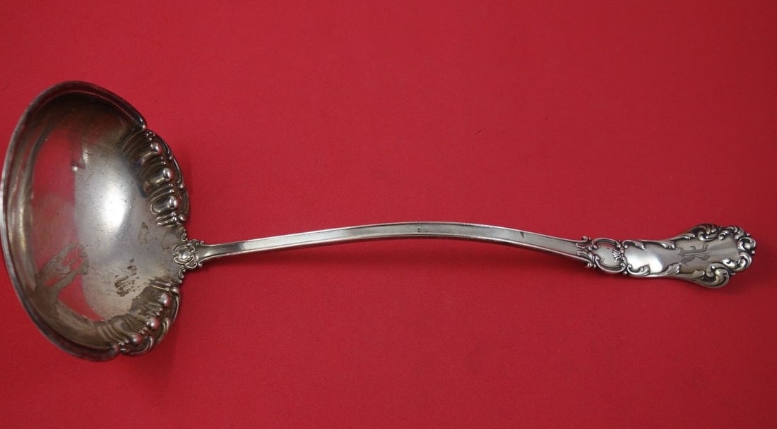 Watson Arkeba Sterling Silver Soup Ladle 11 3/4" Monogrammed: Watson Arkeba Sterling Silver Soup Ladle 11 3/4" Monogrammed This elegant Arkeba soup ladle, crafted by Watson, showcases exquisite craftsmanship in sterling silver. Measuring 11 3/4" in length, this 