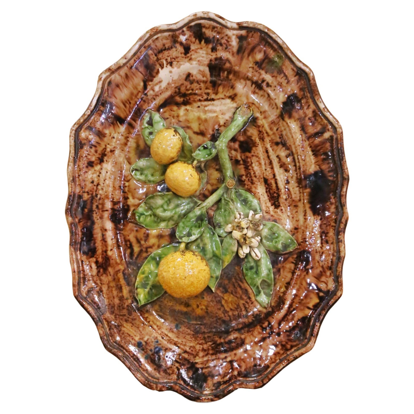 Antique French Menton Citrus Relief Faience Wall Platter by Tardieu Fils circa 1890: Antique French Menton Citrus Relief Faience Wall Platter by Tardieu Fils circa 1890 This late 19th-century French faience barbotine wall platter was crafted circa 1890 by the Tardieu Fils workshop in 
