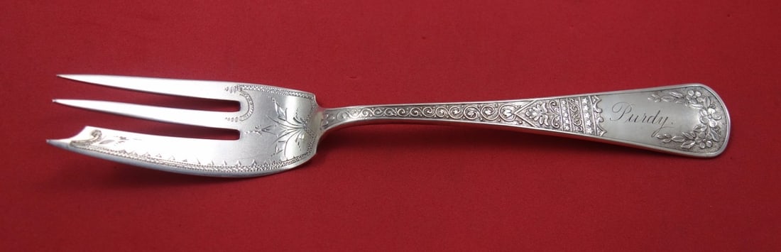 Sterling Silver 7 Inch Beef Fork Schulz and Fischer Templar: Sterling Silver 7 Inch Beef Fork Schulz and Fischer Templar Sterling silver beef fork by Schulz & Fischer in the Templar, aka Fire Star, pattern. This 3-tine fork features bright-cut decoration, dates