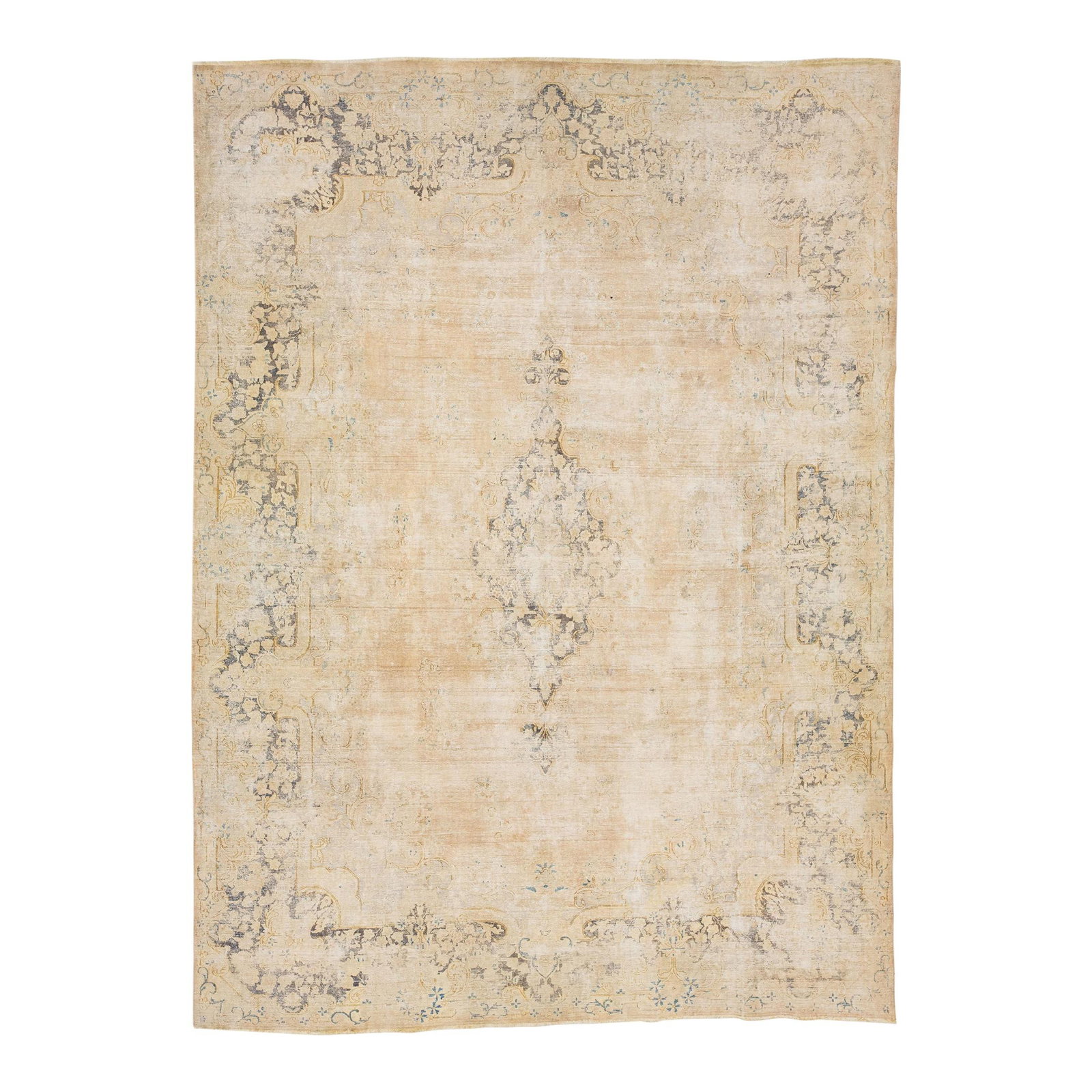 1920s Handmade Kerman Persian Wool Rug Beige Floral 9'8 x 13'2: 1920s Handmade Kerman Persian Wool Rug Beige Floral 9'8 x 13'2 Discover the elegance of this stunning antique Kerman handmade wool rug, dating back to the 1920s. Featuring a soft beige field adorned w