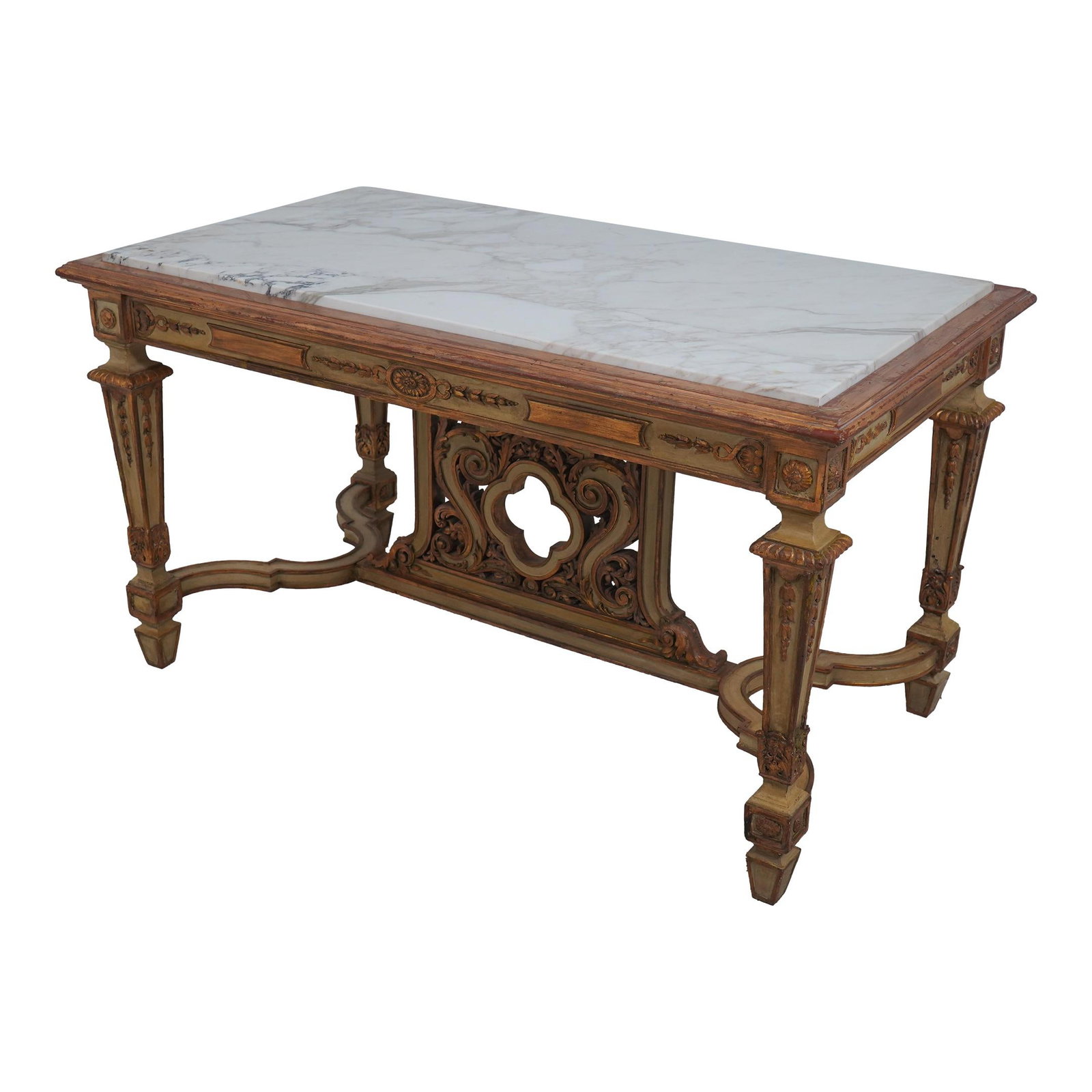 French Louis XV Vintage Center Table with Marble Top Polychrome Finish: French Louis XV Vintage Center Table with Marble Top Polychrome Finish This exquisite French Louis XV vintage center table, dating back to the early 1900s, showcases high-quality craftsmanship with a 