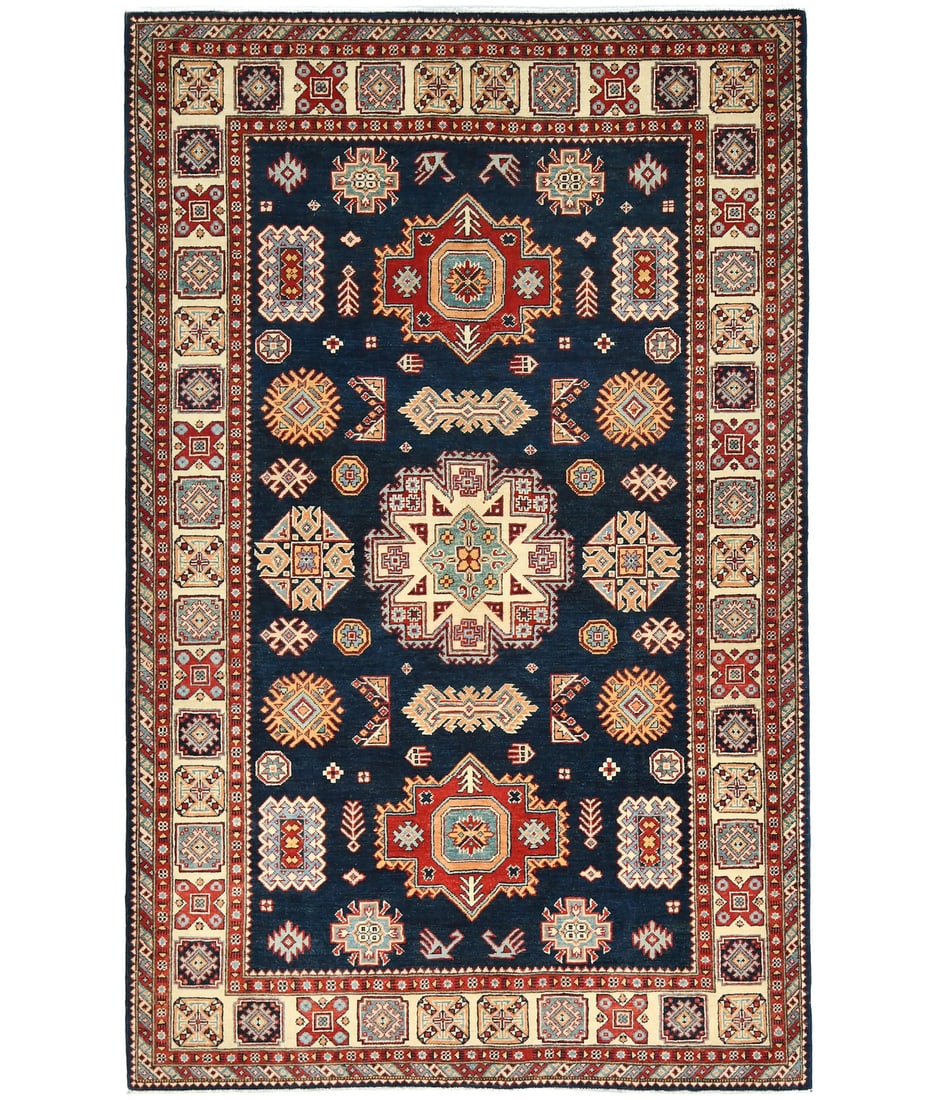 Handmade Kazak Wool Area Rug 5'9 x 8'11 Vintage Tribal Design: Handmade Kazak Wool Area Rug 5'9 x 8'11 Vintage Tribal Design Elevate your living space with this exquisite Handmade Kazak Pakistan Rug, featuring a stunning geometric tribal design. Measuring 5'9" x 