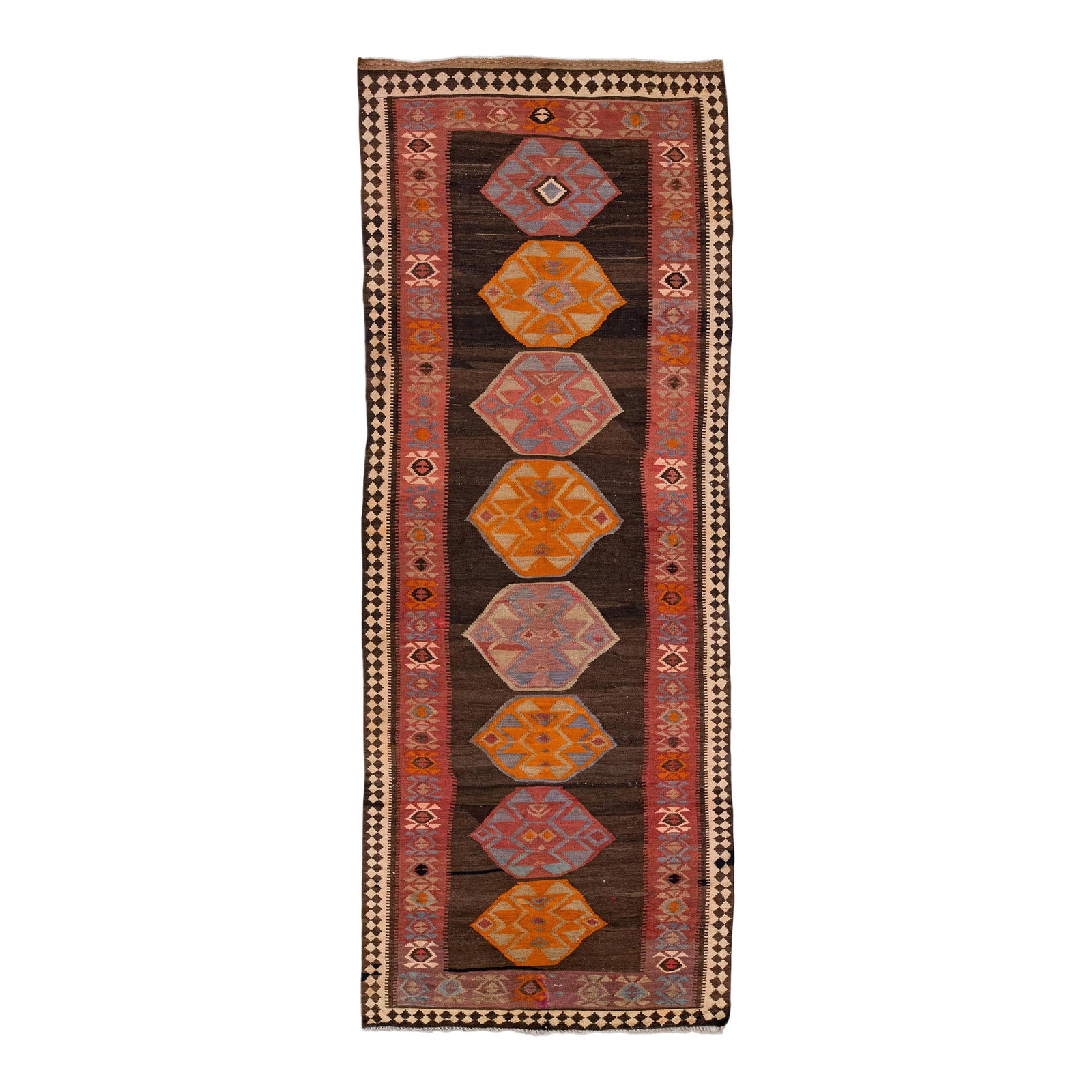 Vintage Mid-20th Century Turkish Kilim Wool Runner Multicolor Geometric 4'11" x 14'1": Vintage Mid-20th Century Turkish Kilim Wool Runner Multicolor Geometric 4'11" x 14'1" This stunning mid-20th century Turkish Kilim runner showcases exquisite craftsmanship with its vibrant orange fiel