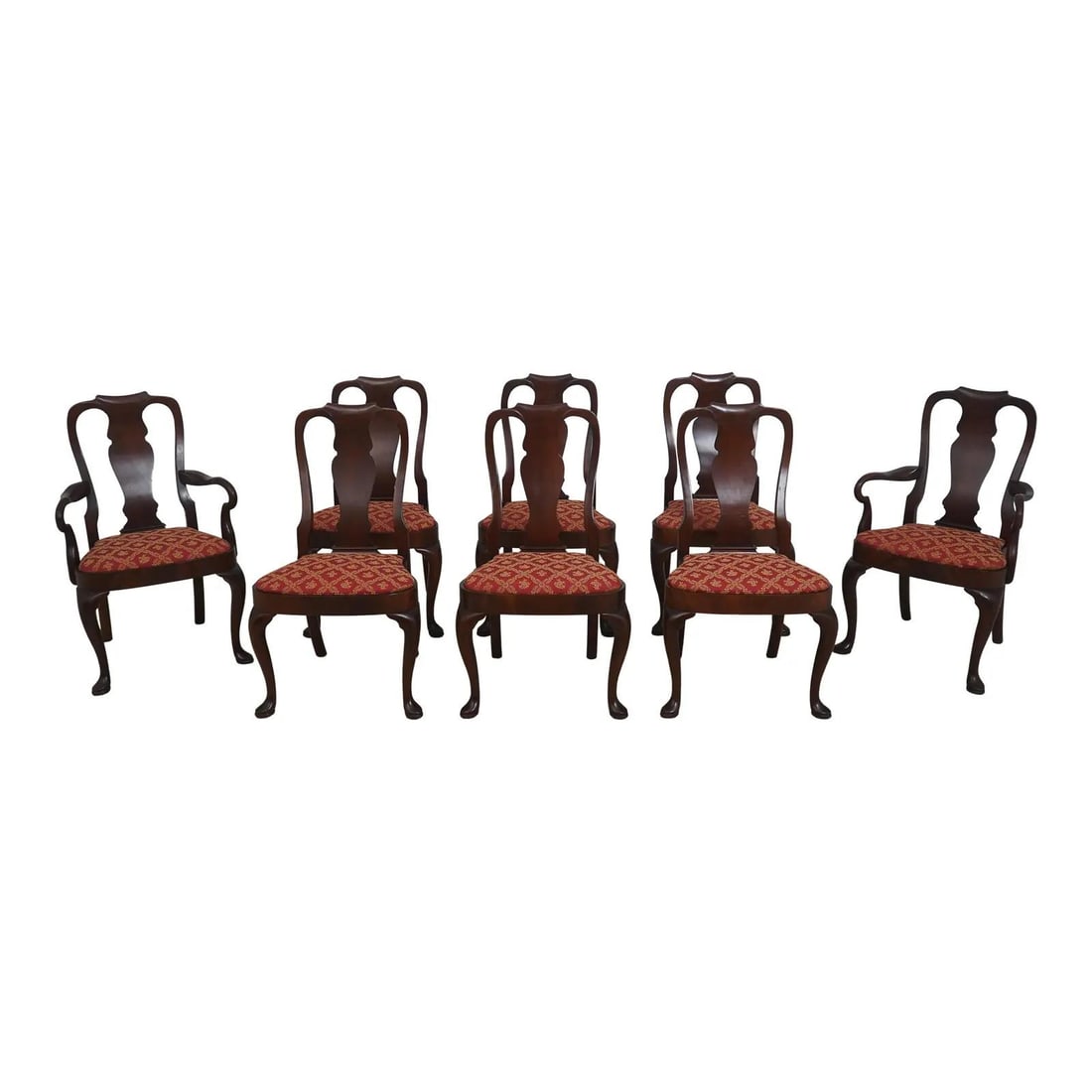 8 Mahogany Queen Anne Dining Chairs Hickory Chair Co Set of 8: 8 Mahogany Queen Anne Dining Chairs Hickory Chair Co Set of 8 This set includes eight mahogany dining room chairs in a traditional style, featuring Queen Anne legs with pad feet and shapely slip seats