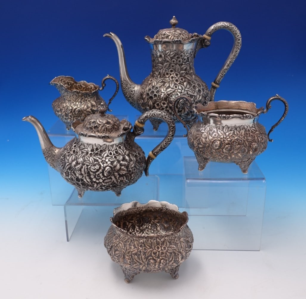 Five Piece Repousse Sterling Silver Tea Set by Hennegan and Bates (1 of 15)