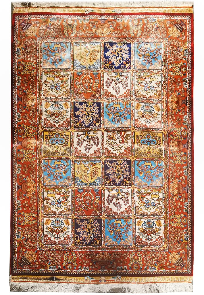 Luxurious 2.6' x 4' Handwoven Silk Rug Garden Baktiar Multi-Color: Luxurious 2.6' x 4' Handwoven Silk Rug Garden Baktiar Multi-Color Free continental US Shipping Elevate your living space with this stunning 2.6' x 4' Silk Rug, showcasing the iconic Garden Baktiar pat
