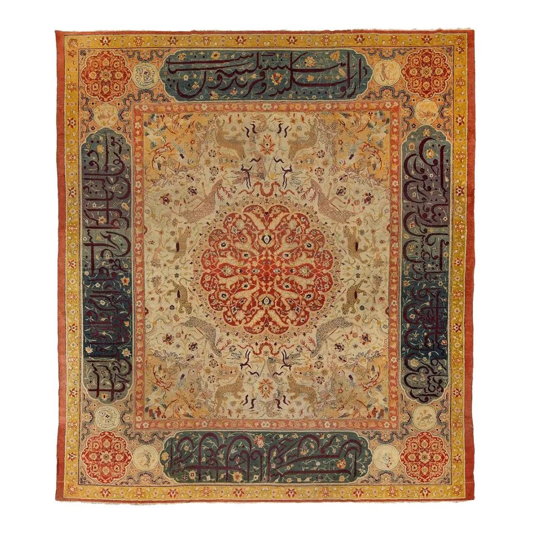 10'4" x 11'8" Antique Agra Rug Indian Hunting Scene Wool: 10'4" x 11'8" Antique Agra Rug Indian Hunting Scene Wool This 19th-century antique Indian Agra rug features a Shikargah hunting scene with lions, leopards, and gazelles amid flowering vines. It has an