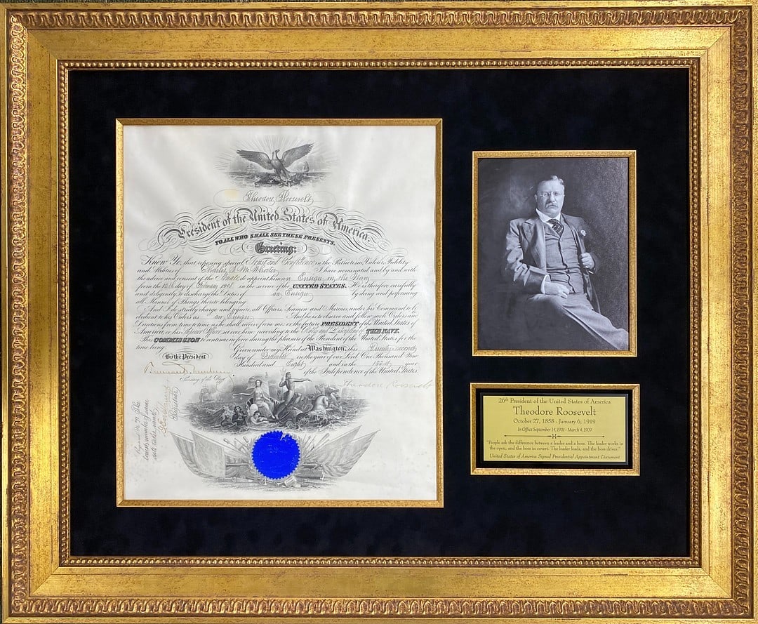 1908 Theodore Roosevelt autographed appointment document framed display: 1908 Theodore Roosevelt autographed appointment document framed display This is an original 1908 presidential appointment document hand-signed by Theodore Roosevelt, the 26th President of the United S