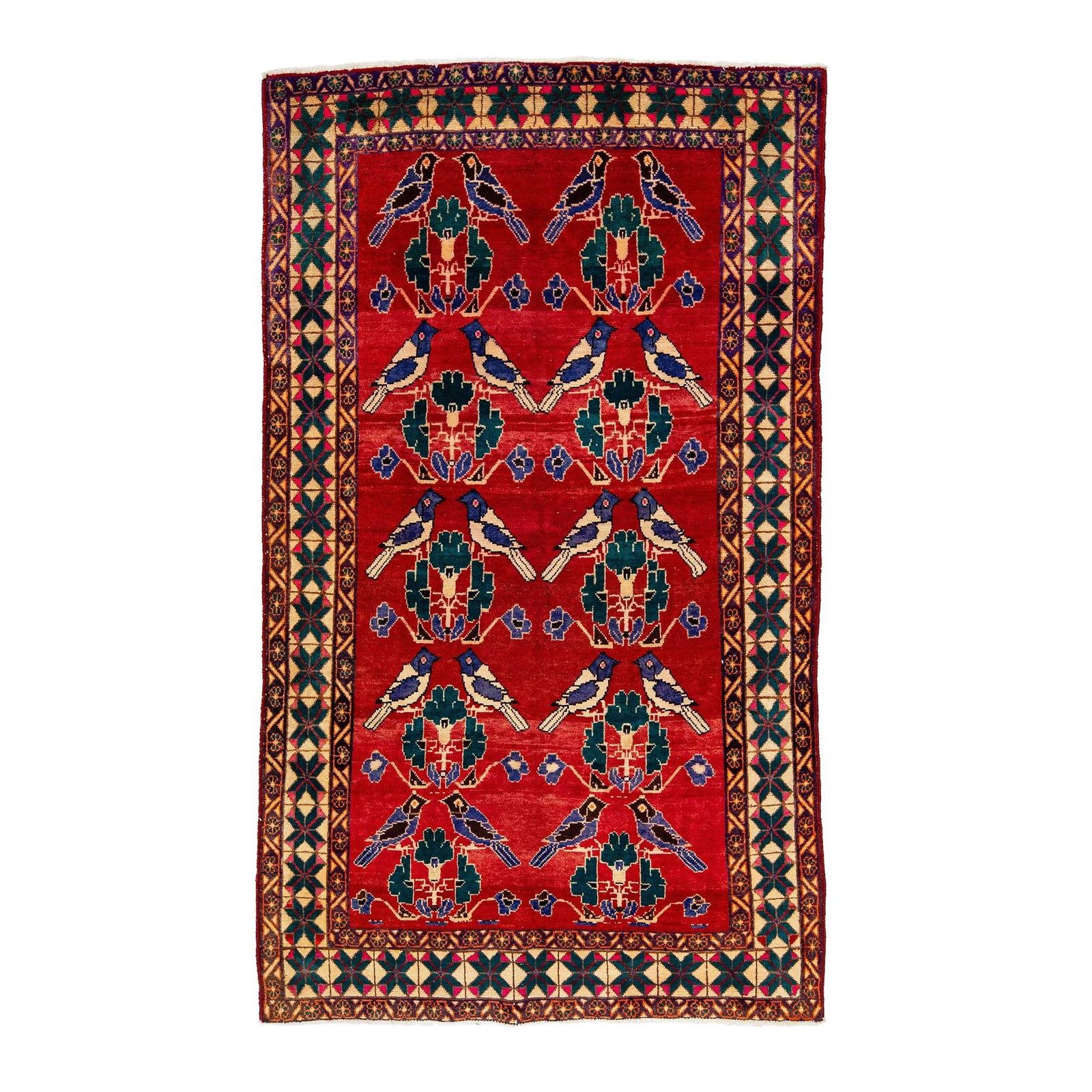 1960s Vintage Shiraz Persian Red Wool Rug Geometric Floral Design 4'8" x 8': 1960s Vintage Shiraz Persian Red Wool Rug Geometric Floral Design 4'8" x 8' Experience the elegance of this 1960s Vintage Shiraz Persian rug, crafted from high-quality wool with intricate hand-knottin