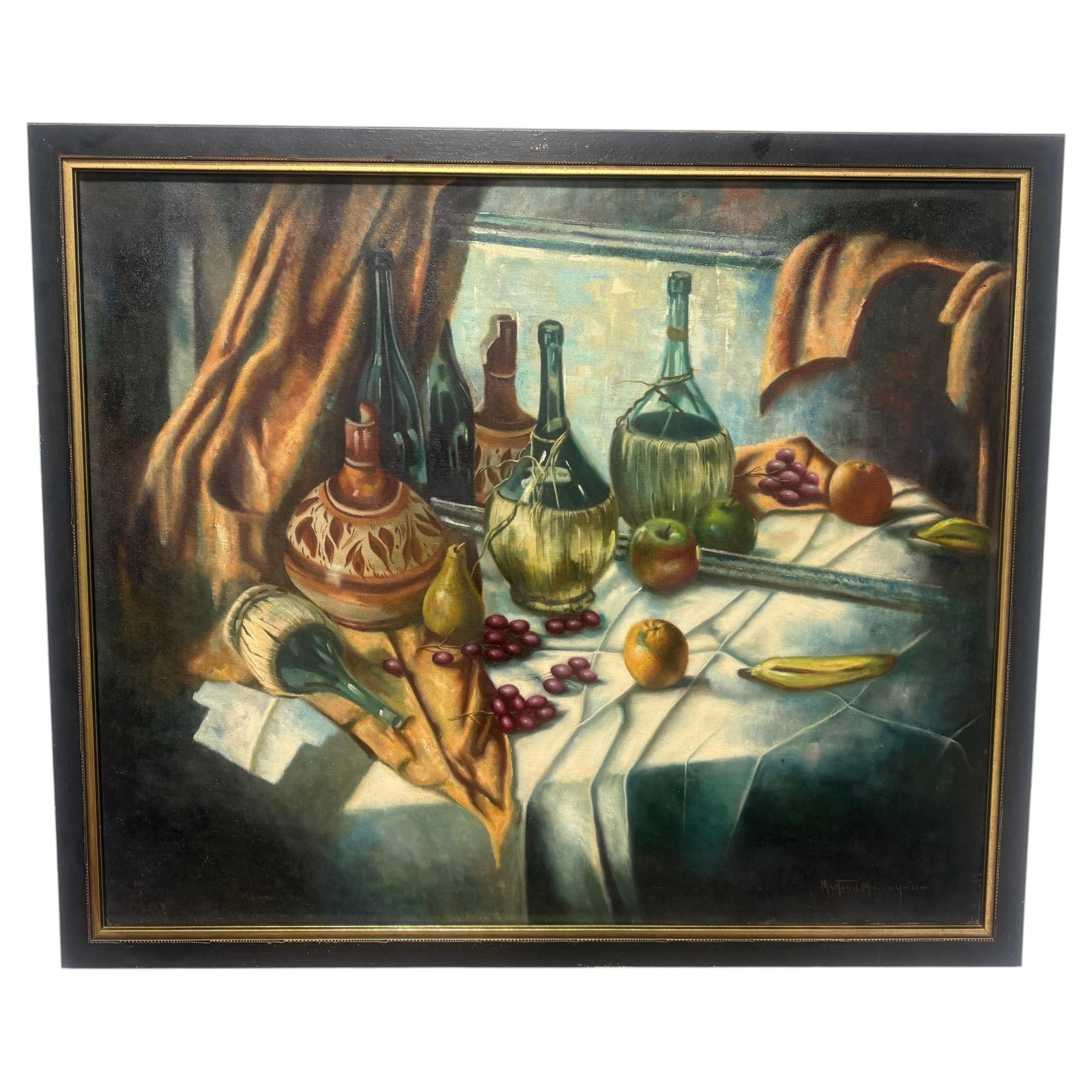 Mid-Century Modern Still Life Painting by Martin J. Murray 1961: Mid-Century Modern Still Life Painting by Martin J. Murray 1961 This signed oil on canvas, titled "Wine & Fruit Still Life," was painted by Rhode Island artist Martin J. Murray in 1961. The compositio