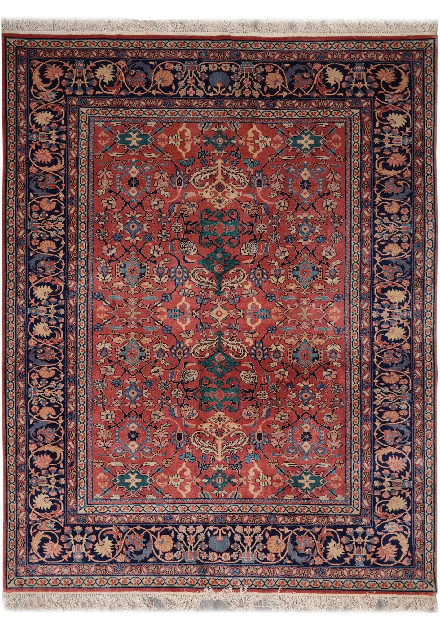 8 x 10 Rust Blue Wool Silk Hand Knotted Rug: 8 x 10 Rust Blue Wool Silk Hand Knotted Rug Free continental US Shipping This 8 x 10 handmade rug features a rust and blue palette and is hand-knotted using traditional techniques. Made from 100% wool