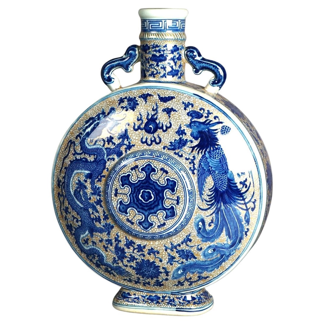 Chinese porcelain pillow vase blue and white dragon pheasant 13.75H (1 of 13)