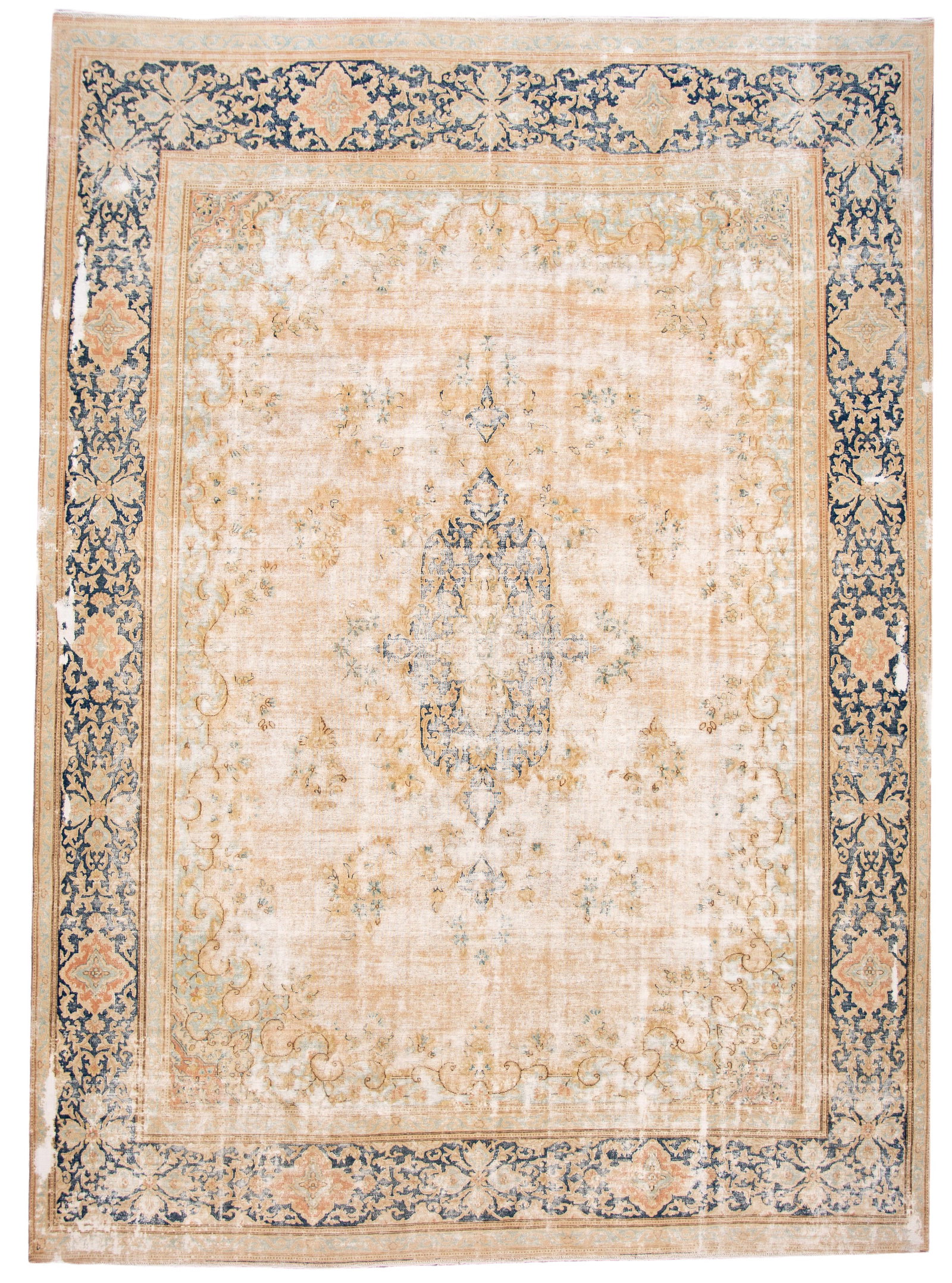 Mid-Century Vintage Hand-Knotted Wool Rug 9'10 x 13'7 Tan Floral Design: Mid-Century Vintage Hand-Knotted Wool Rug 9'10 x 13'7 Tan Floral Design This stunning mid-20th century vintage distressed wool rug features a beautiful tan field embellished with ivory and blue accent
