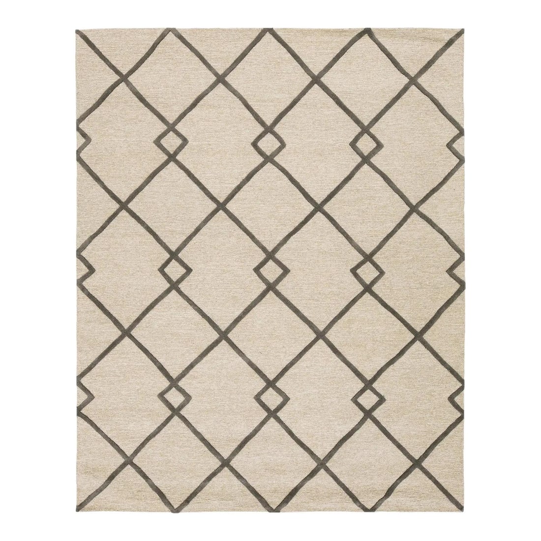 8x10 Hand-Tufted Wool Rug with Charcoal Diamond Trellis: 8x10 Hand-Tufted Wool Rug with Charcoal Diamond Trellis This modern hand-tufted wool rug features a bold, oversized diamond trellis design in charcoal gray against a warm, heathered beige background. 