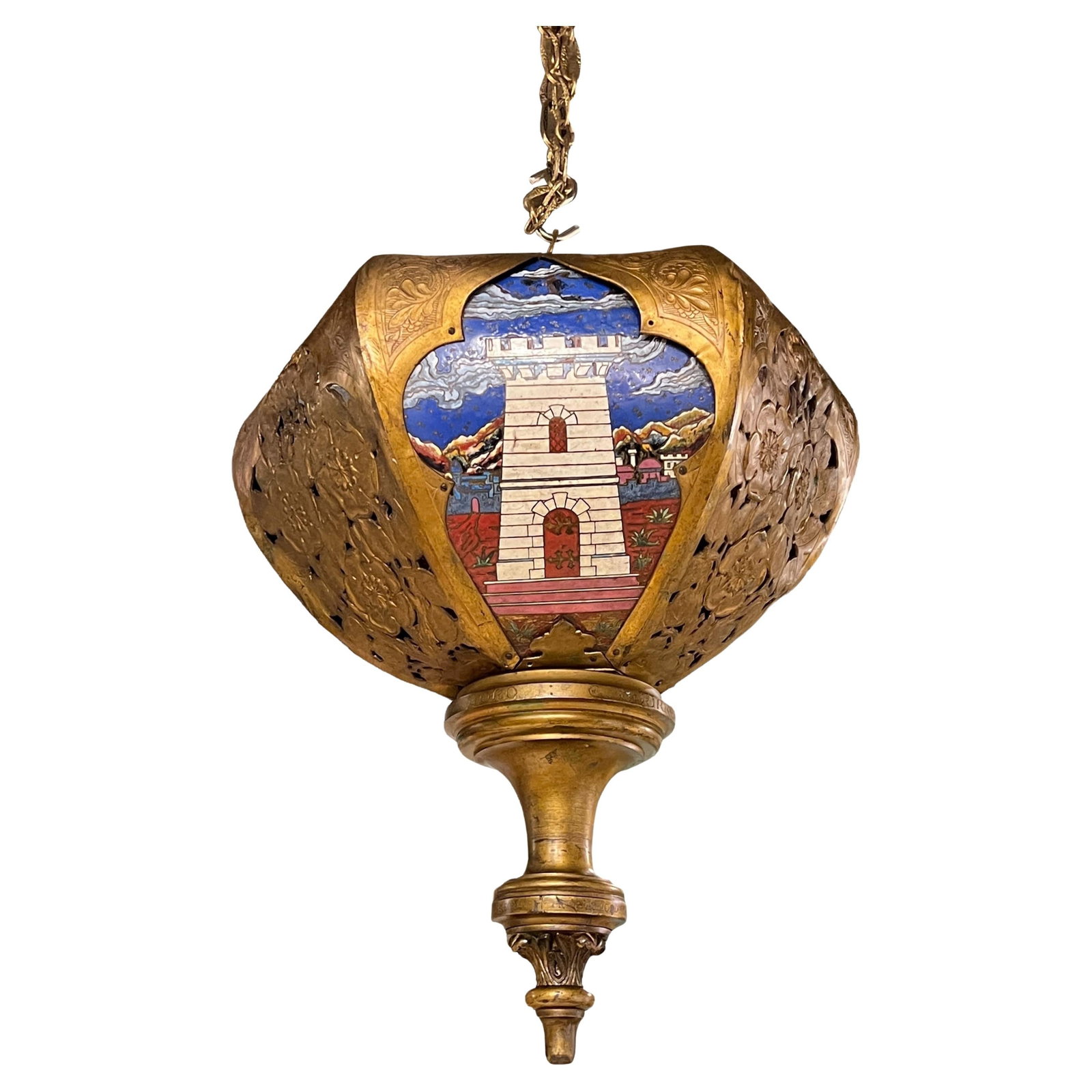 Hexagonal French Bronze Lantern by Edmond Lesage with Enameled Panels 1901: Hexagonal French Bronze Lantern by Edmond Lesage with Enameled Panels 1901 This unique and large hexagonal ecclesiastical lantern, crafted in 1901 by renowned French goldsmith Edmond Lesage, exemplifi