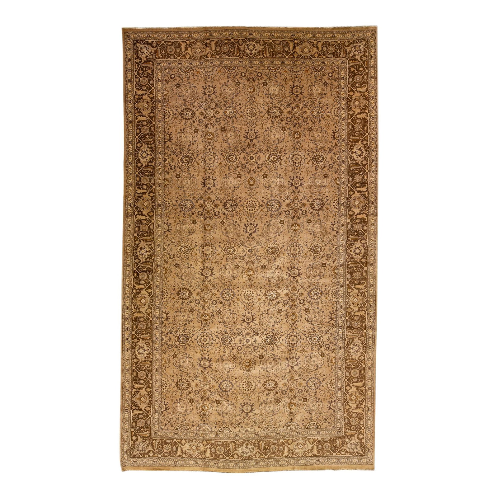 1920s Antique Tabriz Handmade Brown Wool Persian Rug 11' x 18'9: 1920s Antique Tabriz Handmade Brown Wool Persian Rug 11' x 18'9 Discover the elegance of this stunning 1920s Antique Tabriz handmade wool rug, featuring a light brown field adorned with an exquisite a