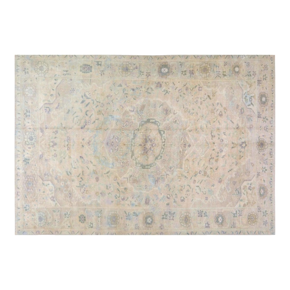 6'8" x 9'7" Vintage Wool Oushak Rug Hand Knotted 1950s: 6'8" x 9'7" Vintage Wool Oushak Rug Hand Knotted 1950s This hand-knotted wool rug from the 1950s showcases traditional craftsmanship with a design that complements both classic and modern interiors. M