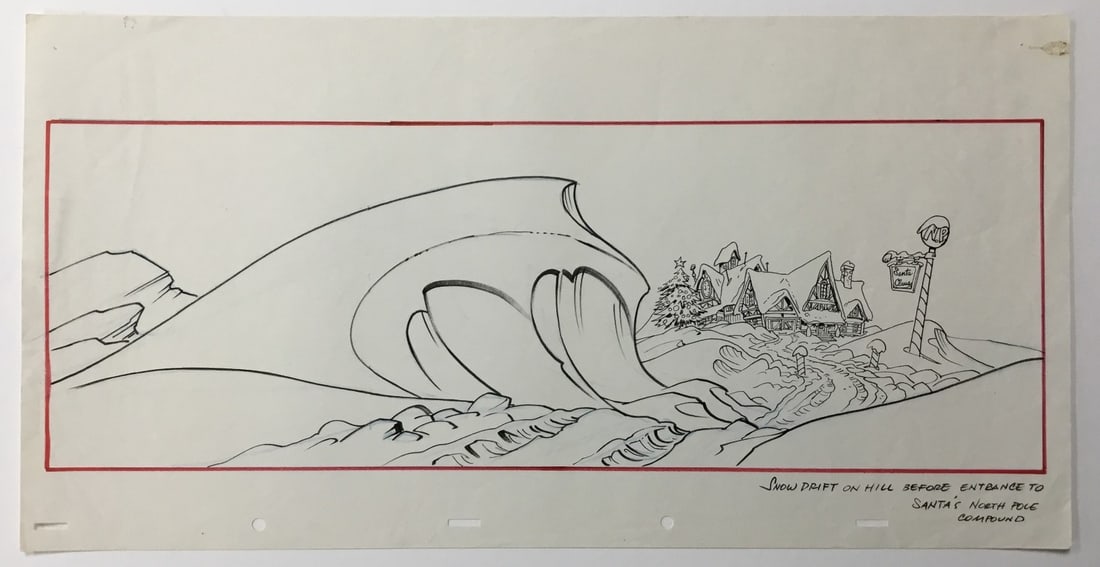 Hand Drawn Santa North Pole Village Animation Layout Drawing: Hand Drawn Santa North Pole Village Animation Layout Drawing This is an original hand-drawn animation concept drawing featuring a winter scene of Santa's North Pole Village. Created in the United Stat
