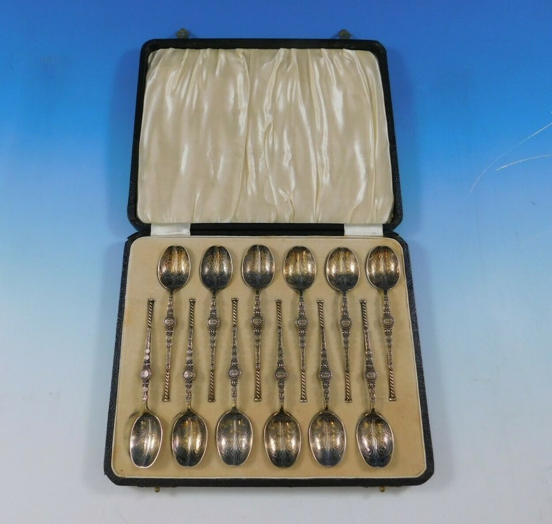 Israel Sigmund Greenberg 12pc Sterling Silver Vermeil Demitasse Set with Box: Israel Sigmund Greenberg 12pc Sterling Silver Vermeil Demitasse Set with Box This exquisite 12-piece demitasse set, crafted by Israel Sigmund Greenberg in Birmingham circa 1936, showcases the elegance