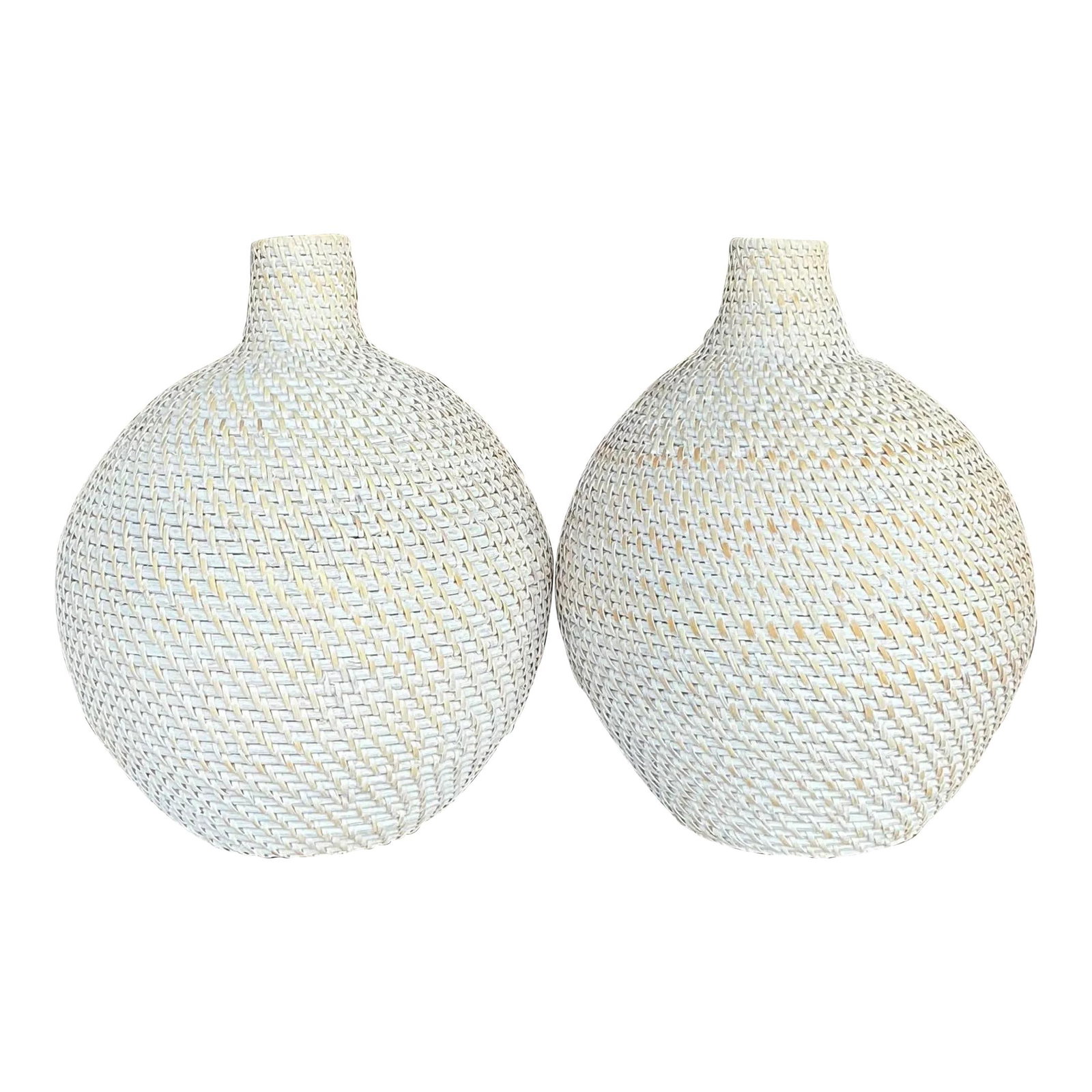 Pair of Contemporary Woven Rattan Octavia Urns in Almond: Pair of Contemporary Woven Rattan Octavia Urns in Almond This stunning pair of vintage "Octavia" urns showcases beautifully woven rattan, offering a perfect blend of natural texture and sculptural ele