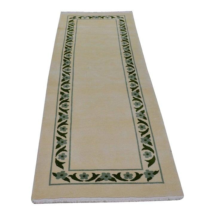 Hand-Knotted Wool Olive Rug in Chinese Art Deco Style 3'x9'7": Hand-Knotted Wool Olive Rug in Chinese Art Deco Style 3'x9'7" This vintage Chinese Art Deco rug is hand-knotted from wool using traditional techniques, combining timeless craftsmanship with a modern d