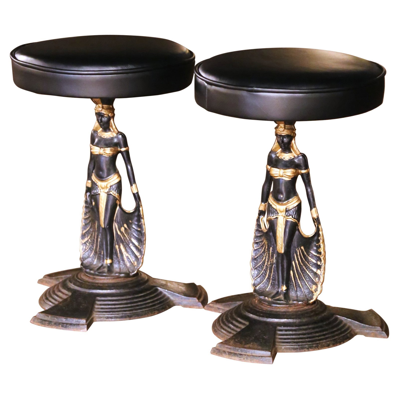 19th Century French Egyptian Revival Iron Stools Set of 2 with Leather Seats: 19th Century French Egyptian Revival Iron Stools Set of 2 with Leather Seats Add a touch of sculptural elegance and historical flair to your space with this striking pair of 19th Century French Egypti