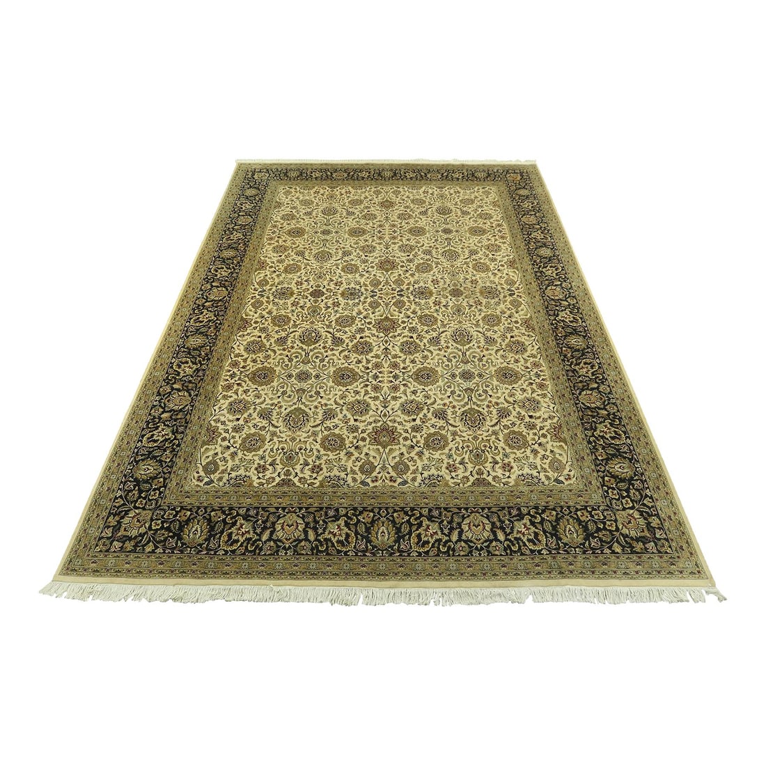 Vibrant 10x14 Tabriz Pattern 100% Wool Rug with Fringe: Vibrant 10x14 Tabriz Pattern 100% Wool Rug with Fringe This exquisite Tabriz pattern rug, approximately 30 years old, features vibrant colors throughout that enhance its impressive aesthetic. Crafted 