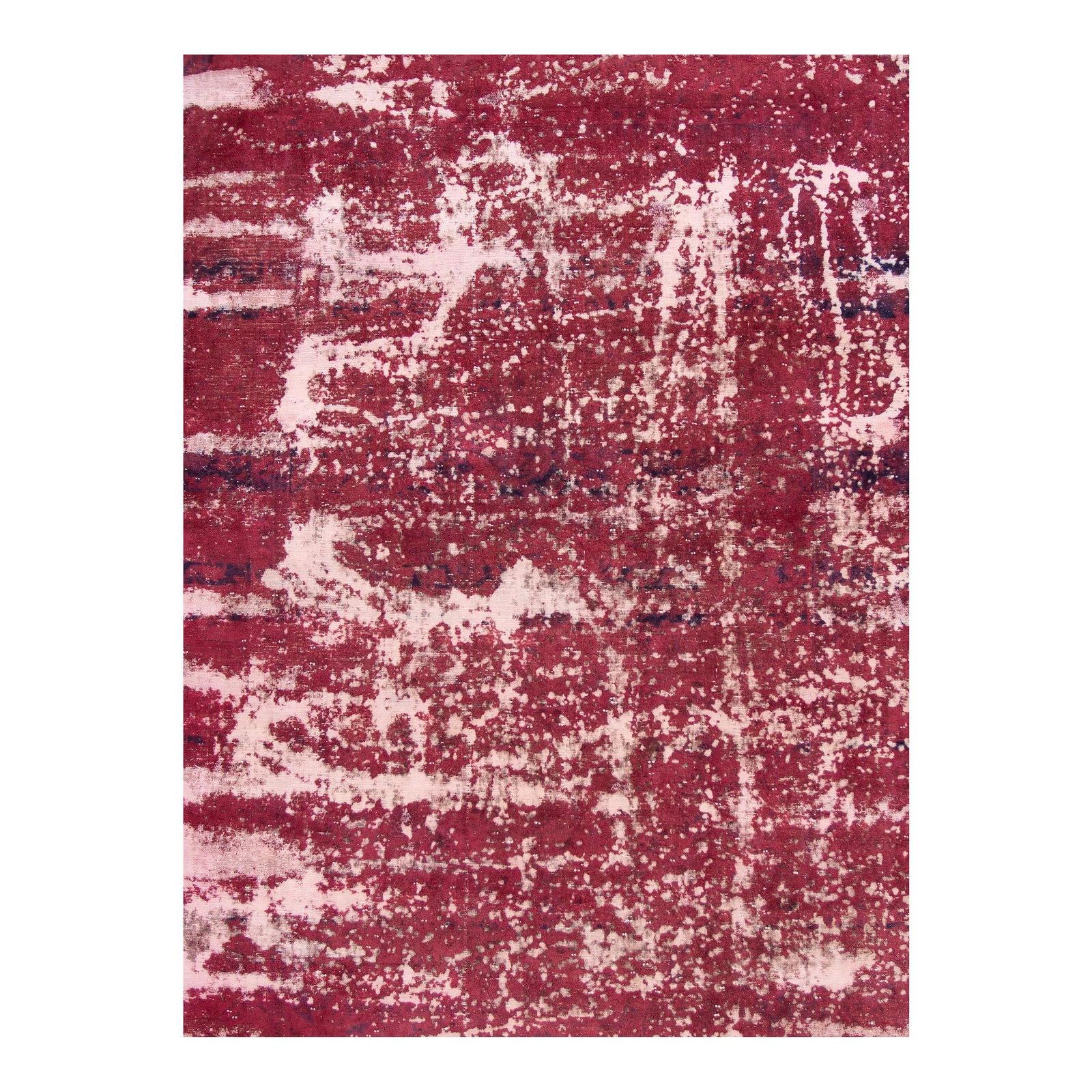 Vintage Ruby Red Abstract Hand-Knotted Wool Rug 7'10 x 10'5: Vintage Ruby Red Abstract Hand-Knotted Wool Rug 7'10 x 10'5 This stunning vintage distressed overdyed hand-knotted wool rug features a rich ruby-red field, beautifully complemented by black and ivory 